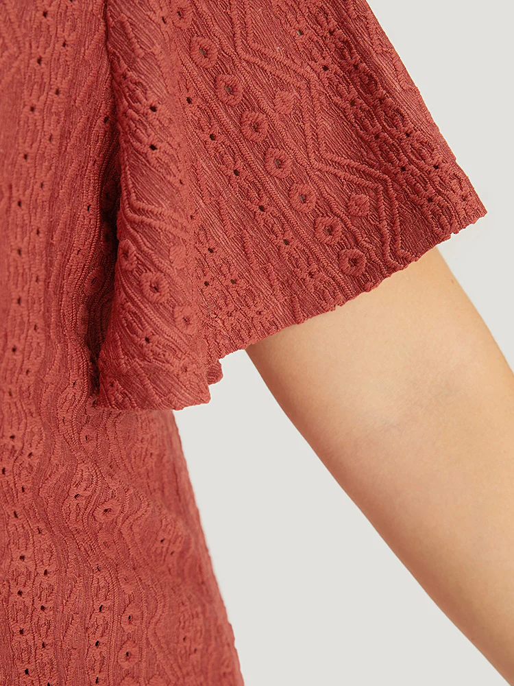 Embroidered Button Detail Crew Neck Flutter Sleeve T-shirt - Image 7