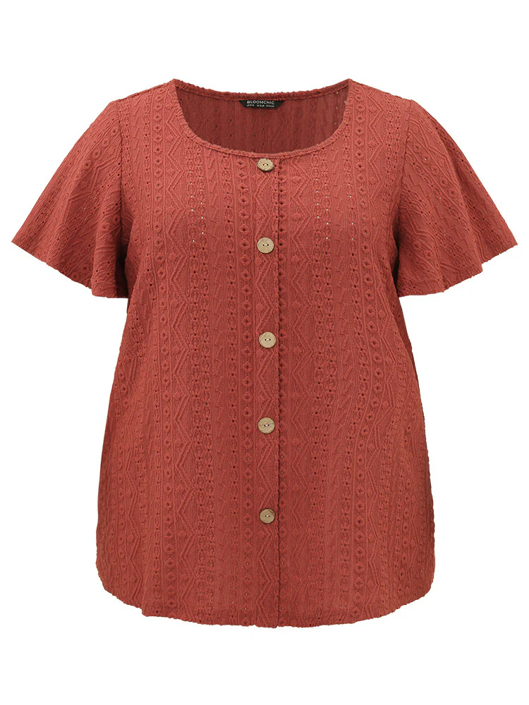 Embroidered Button Detail Crew Neck Flutter Sleeve T-shirt - Image 8