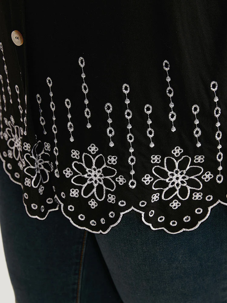 Embroidered Button Detail Scalloped Trim T-shirt - Image 7