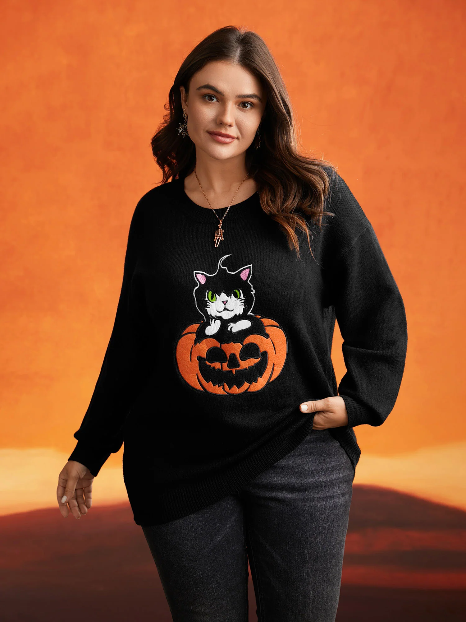 Embroidered Cat In Pumpkin Crew Neck Pullover - Image 2