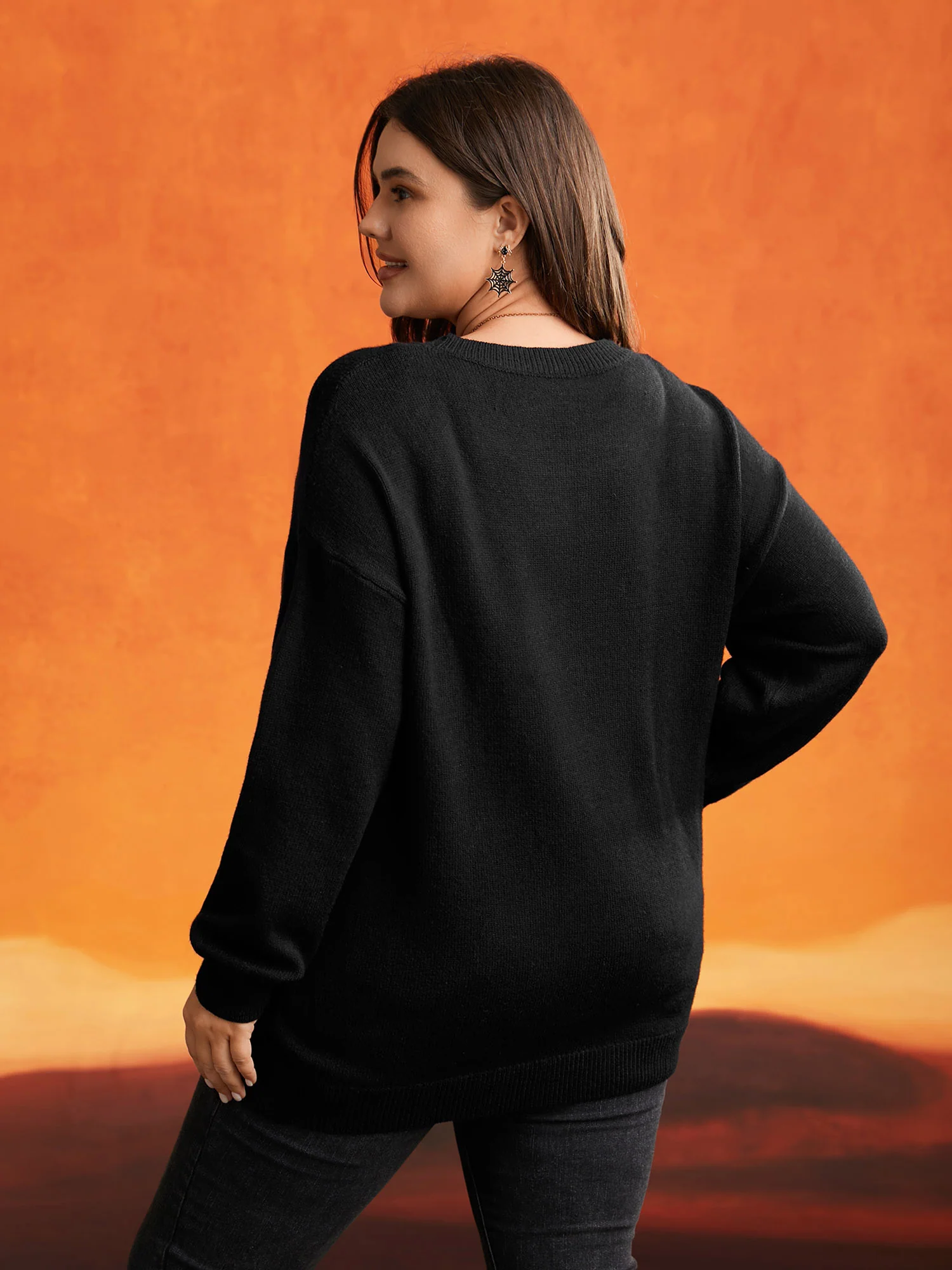 Embroidered Cat In Pumpkin Crew Neck Pullover - Image 3