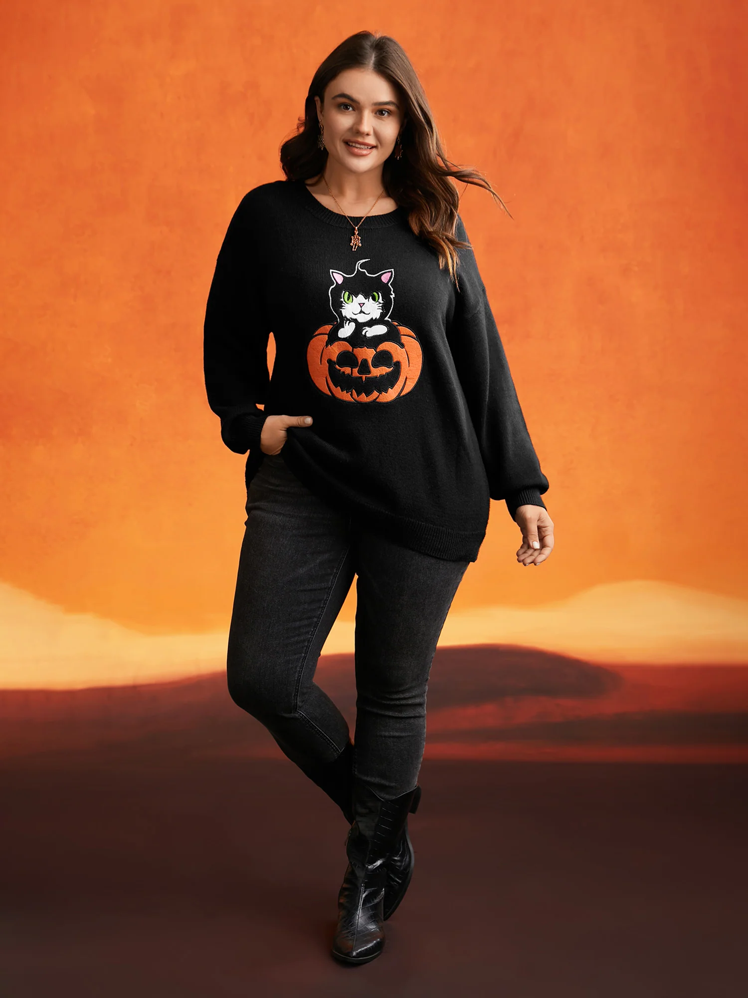 Embroidered Cat In Pumpkin Crew Neck Pullover - Image 4