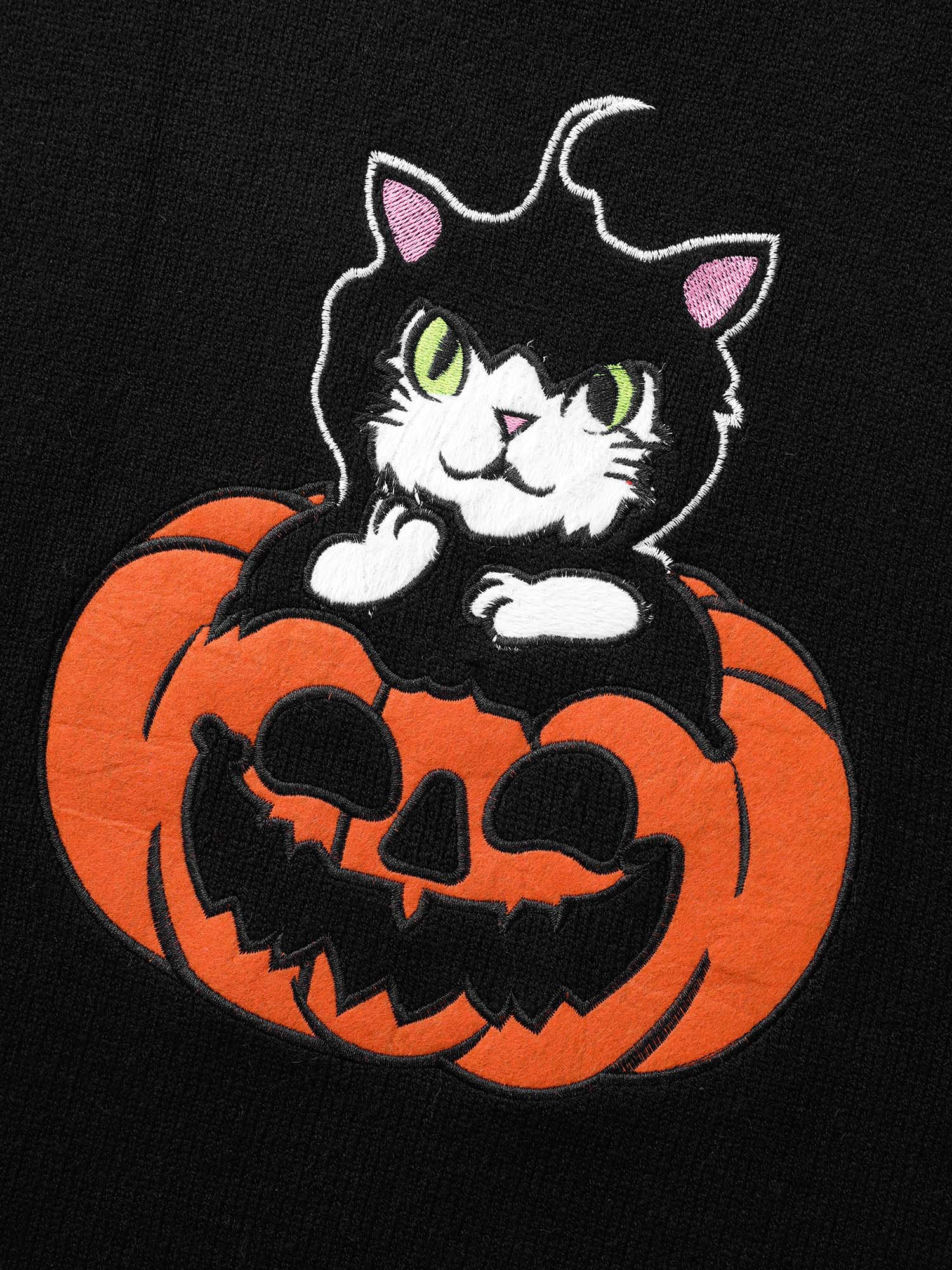 Embroidered Cat In Pumpkin Crew Neck Pullover - Image 5