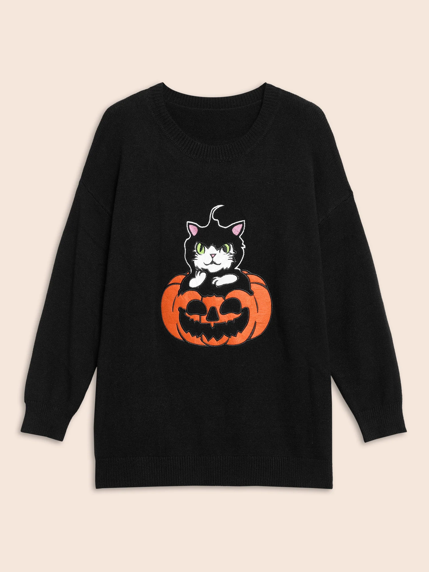 Embroidered Cat In Pumpkin Crew Neck Pullover - Image 7