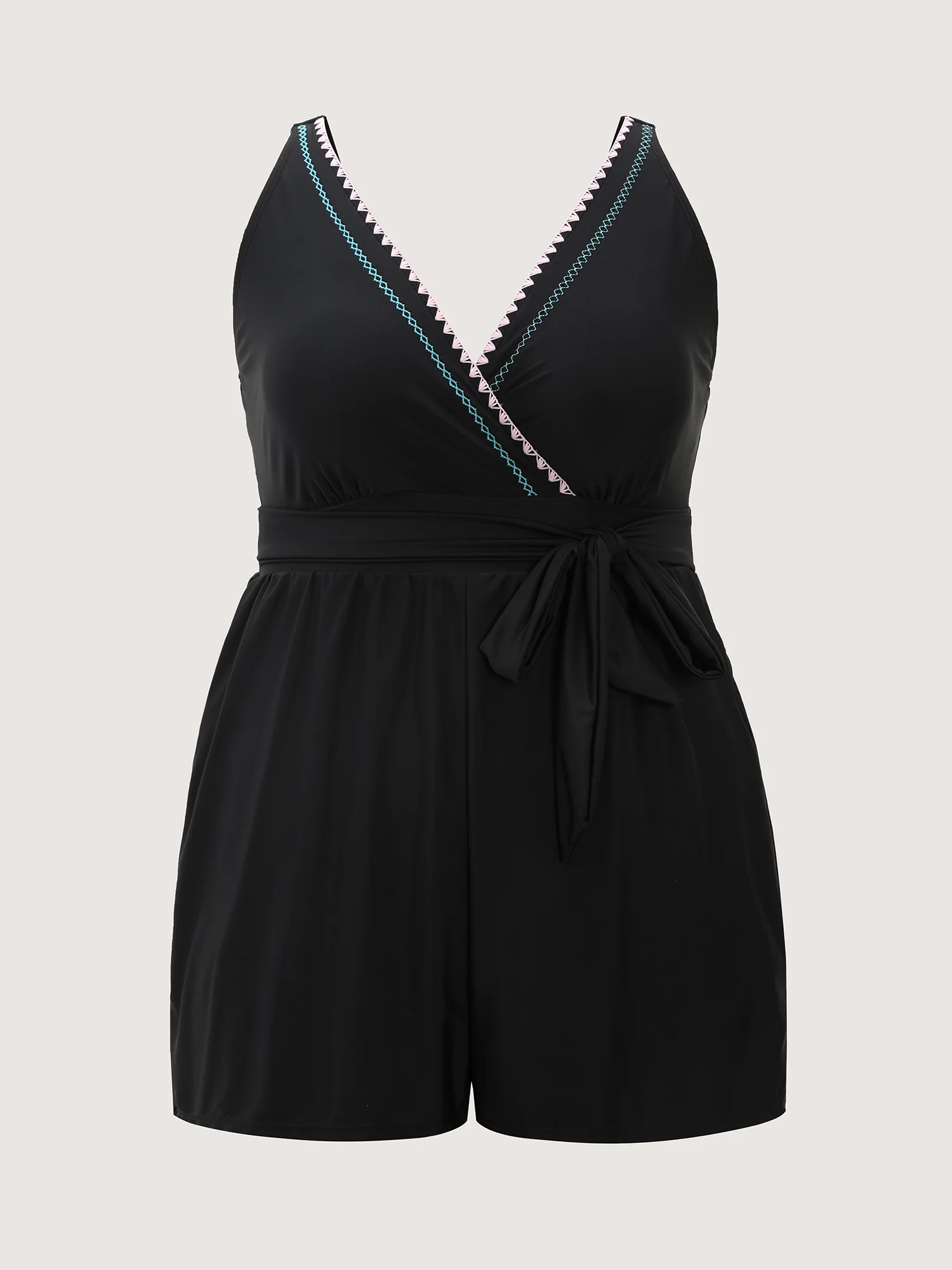 Embroidered Color Contrast Pockets One Piece Swimsuit - Image 8