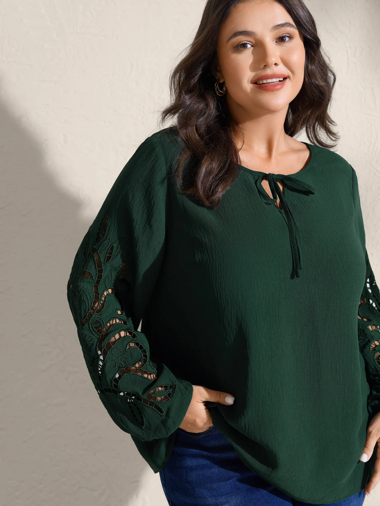 Embroidered Cut-Out Sleeve Solid Blouse - Image 2