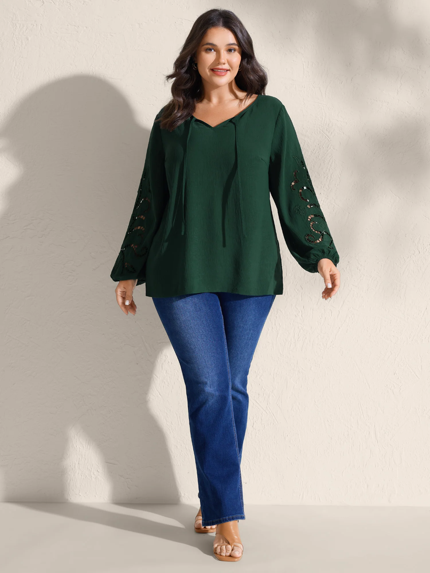 Embroidered Cut-Out Sleeve Solid Blouse - Image 3