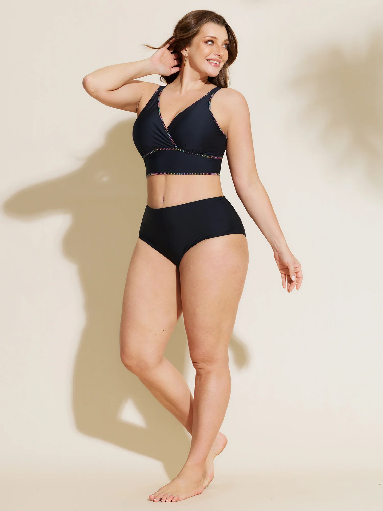 Embroidered Edges Surplice Neckline Bikini Top - Image 3