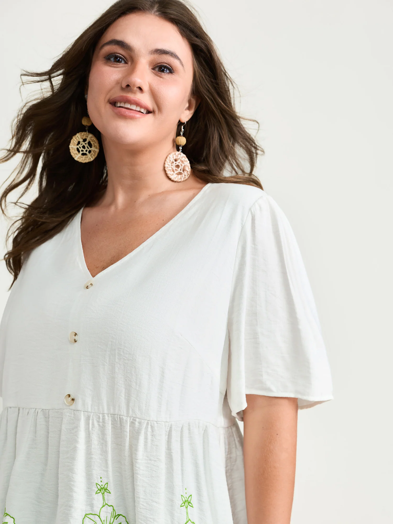 Embroidered Hemline V-Neck Babydoll Blouse - Image 2
