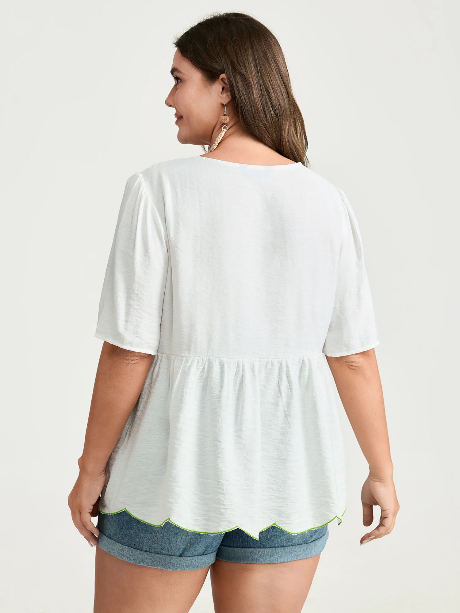 Embroidered Hemline V-Neck Babydoll Blouse - Image 4