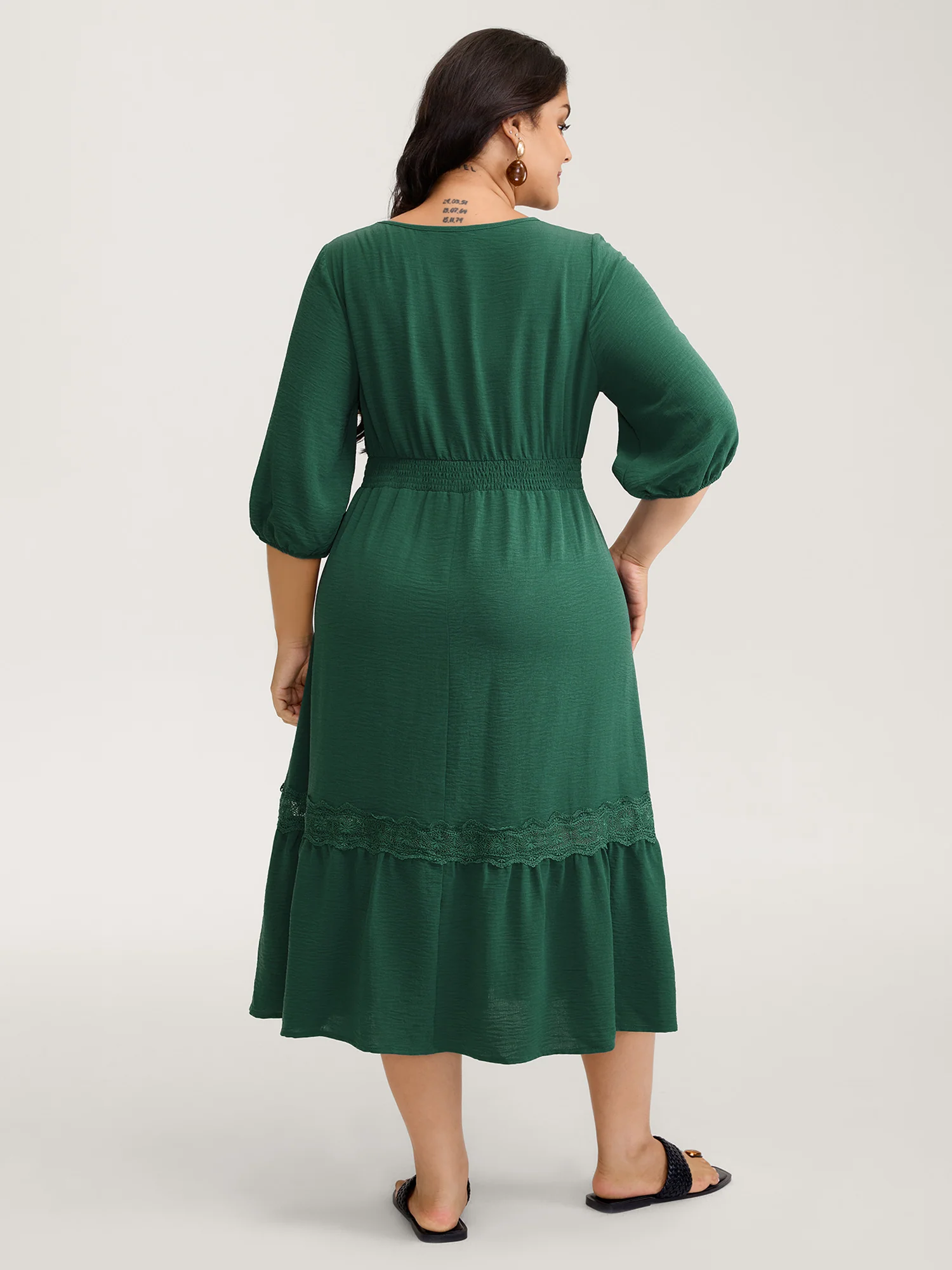 Embroidered Lace Trim Neck Drawstring Midi Dress - Image 4