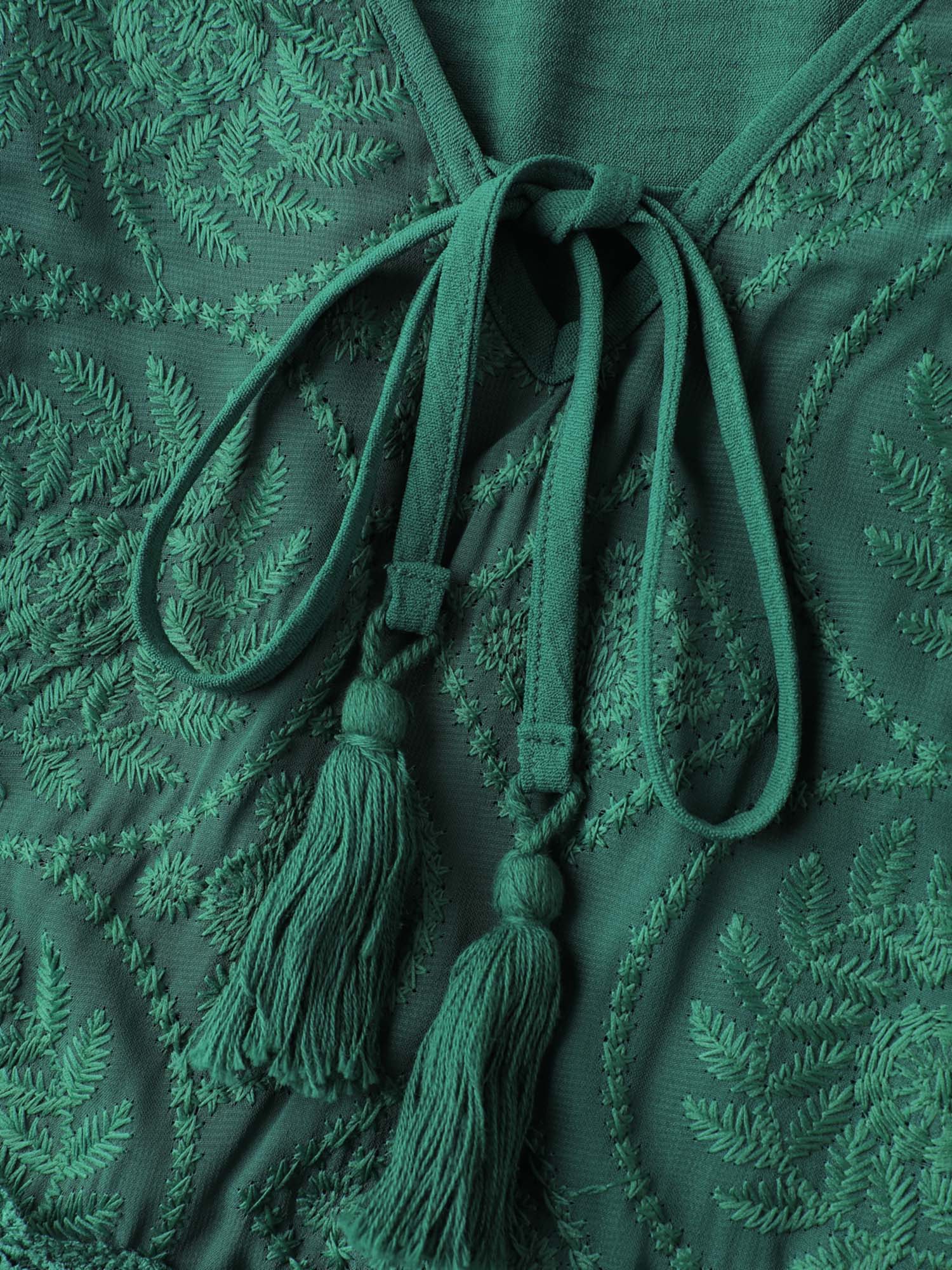 Embroidered Lace Trim Neck Drawstring Midi Dress - Image 5