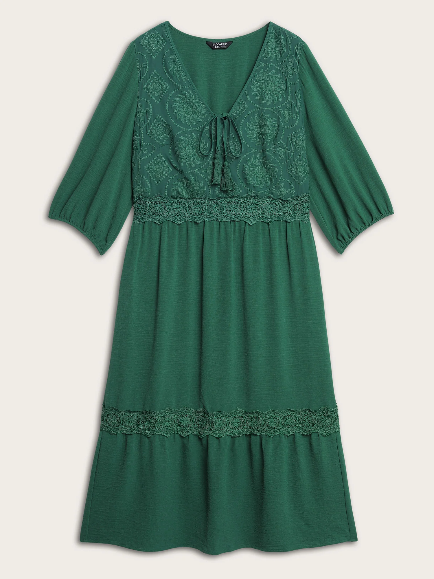 Embroidered Lace Trim Neck Drawstring Midi Dress - Image 7