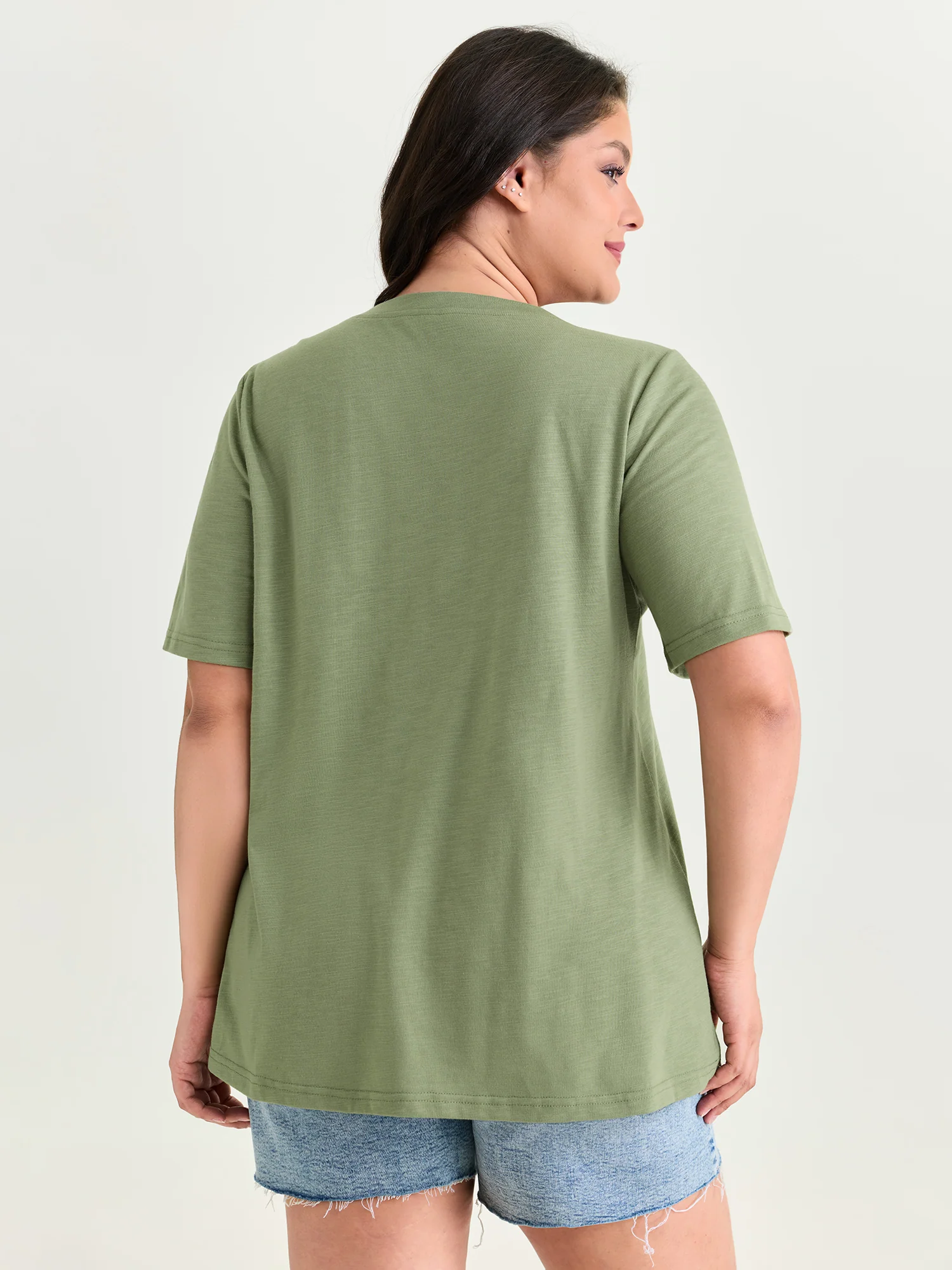 Embroidered Leaf Pattern Plain T-Shirt - Image 4