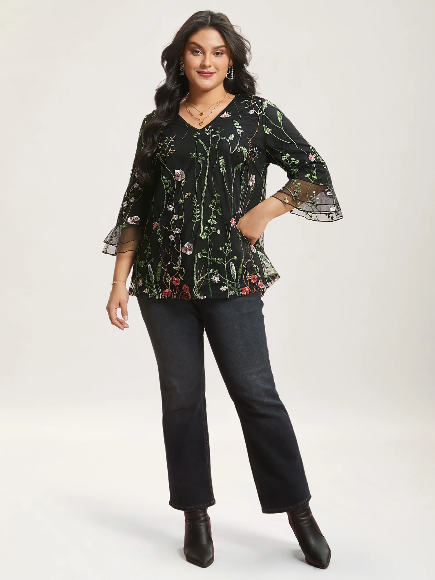 Embroidered Mesh Lotus Leaf Sleeve Blouse - Image 2