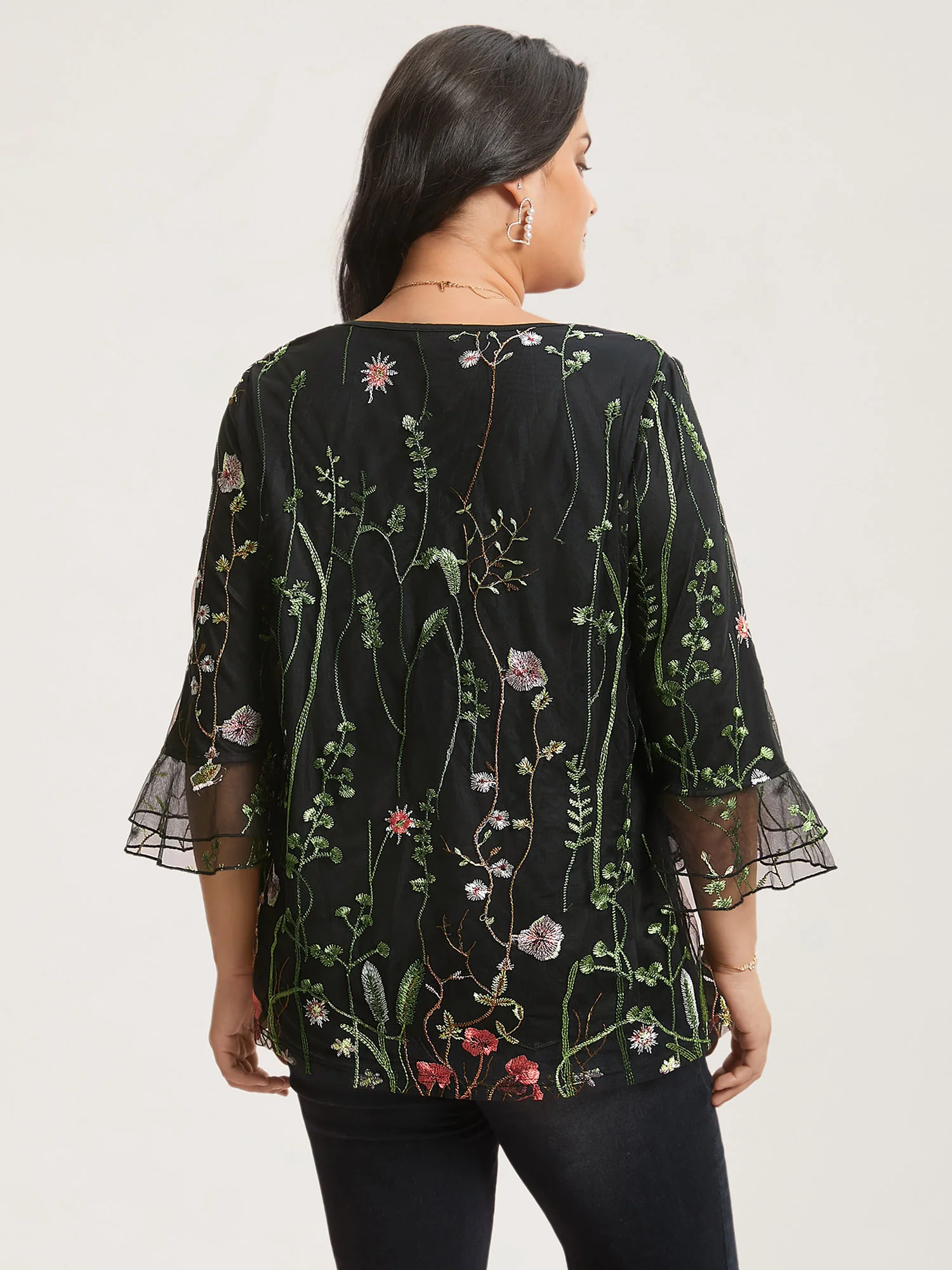 Embroidered Mesh Lotus Leaf Sleeve Blouse - Image 5