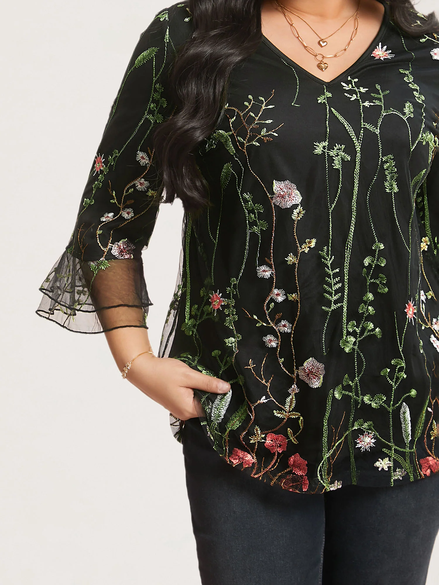 Embroidered Mesh Lotus Leaf Sleeve Blouse - Image 6