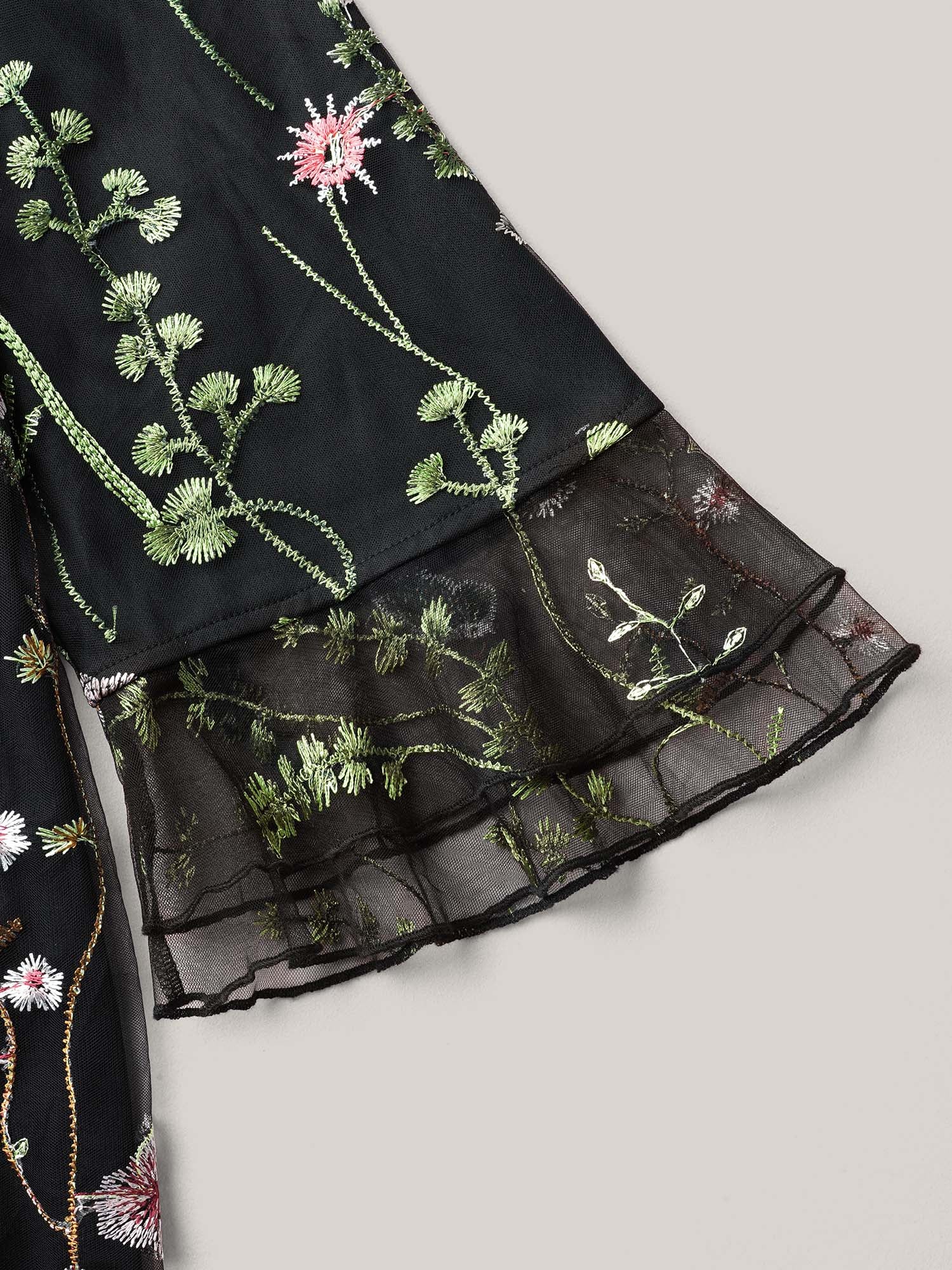 Embroidered Mesh Lotus Leaf Sleeve Blouse - Image 7