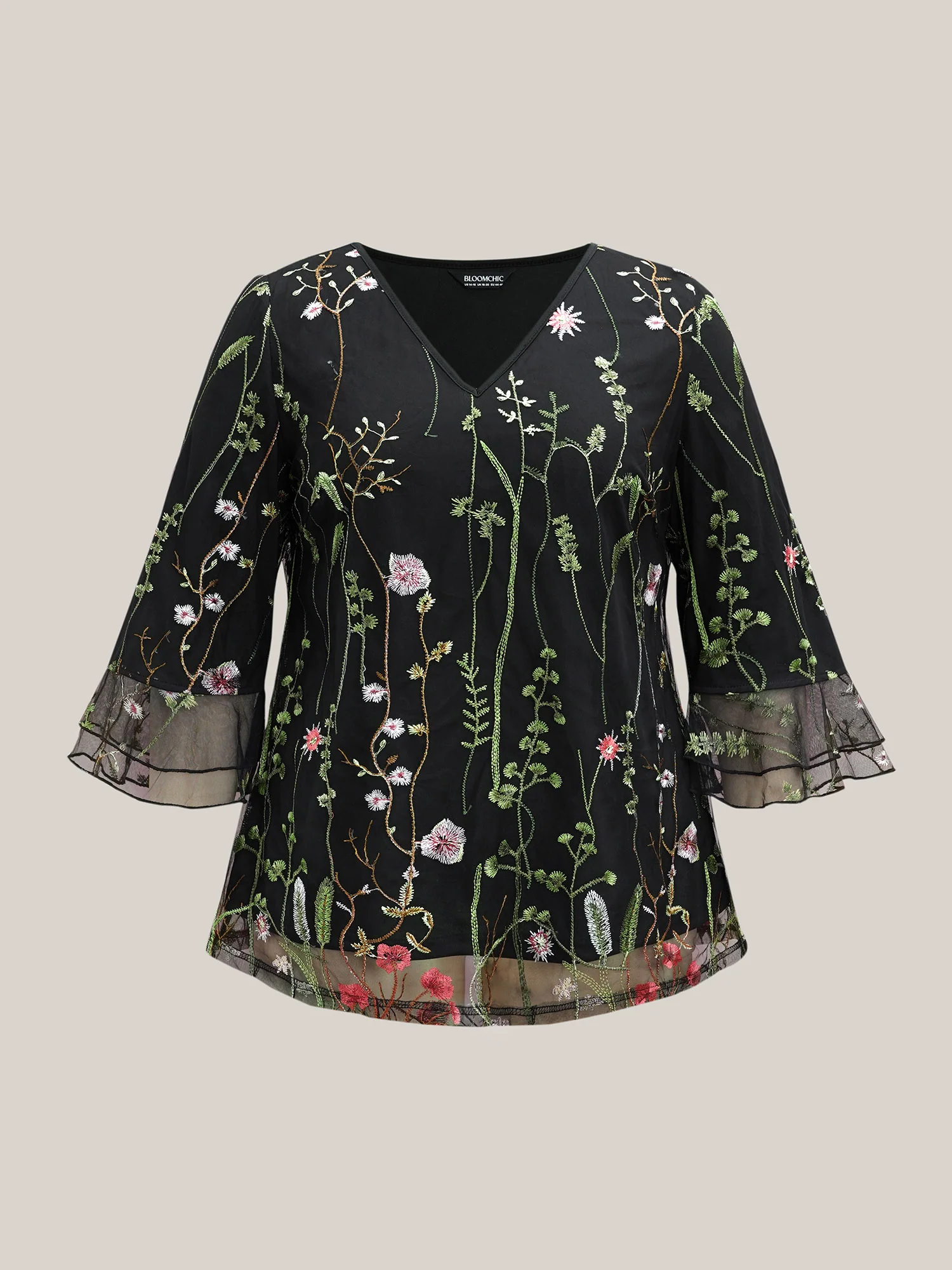 Embroidered Mesh Lotus Leaf Sleeve Blouse - Image 9