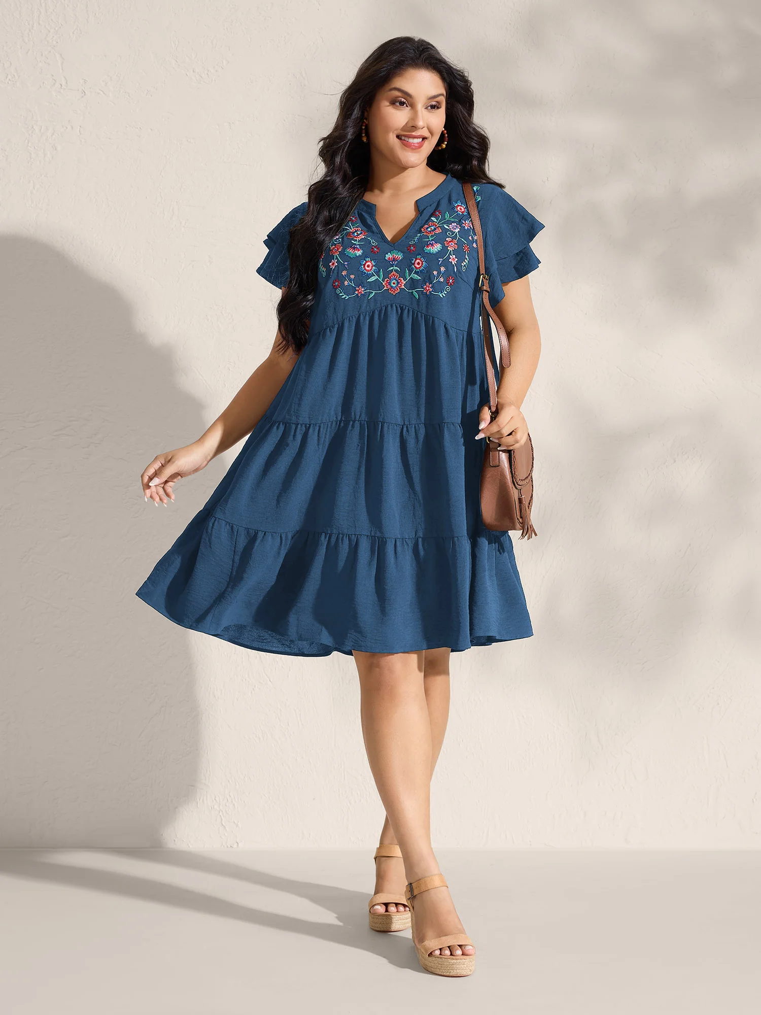 Embroidered Neckline A-Line Ruffled Knee-Length Dress - Image 10