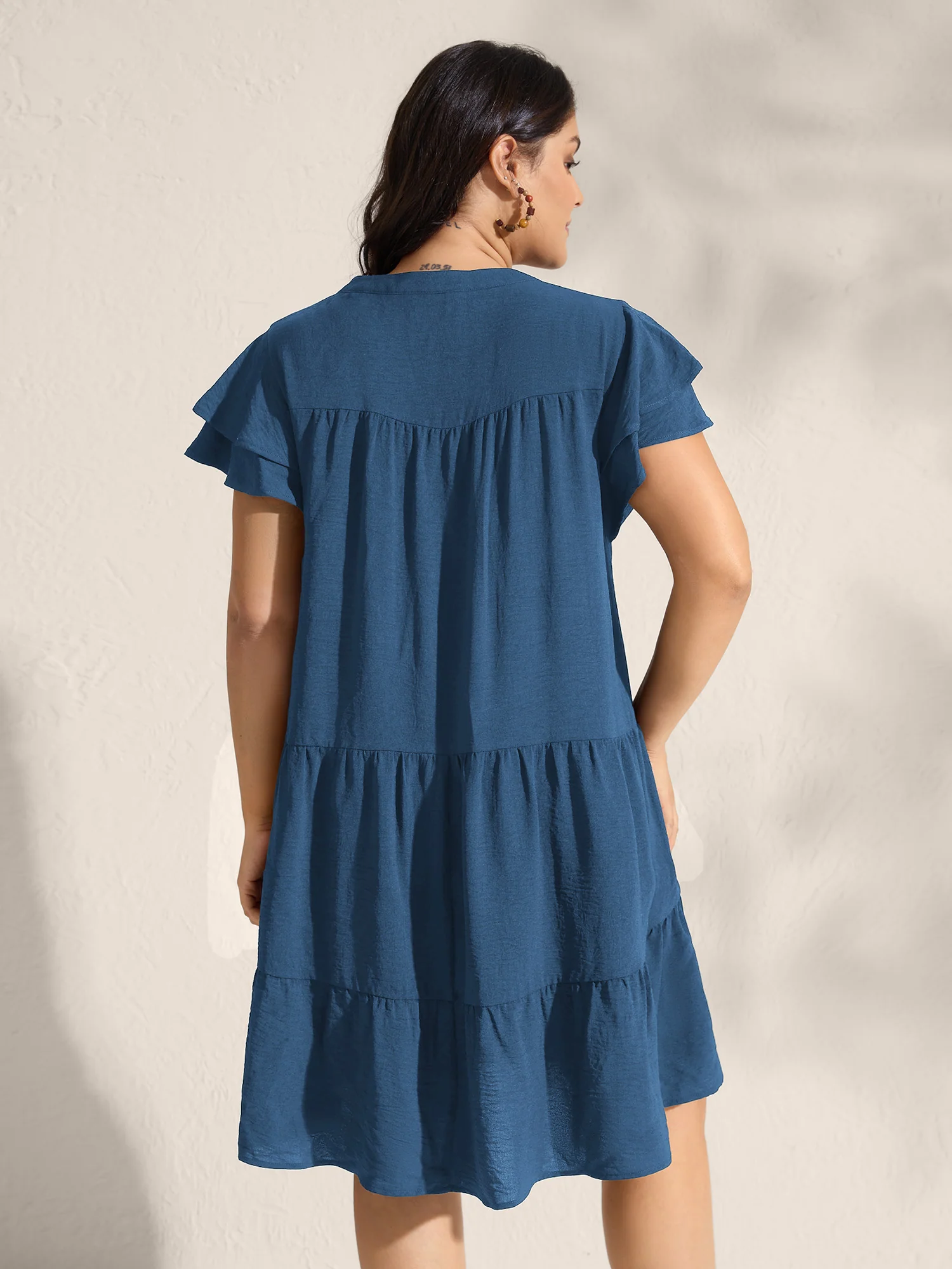 Embroidered Neckline A-Line Ruffled Knee-Length Dress - Image 11