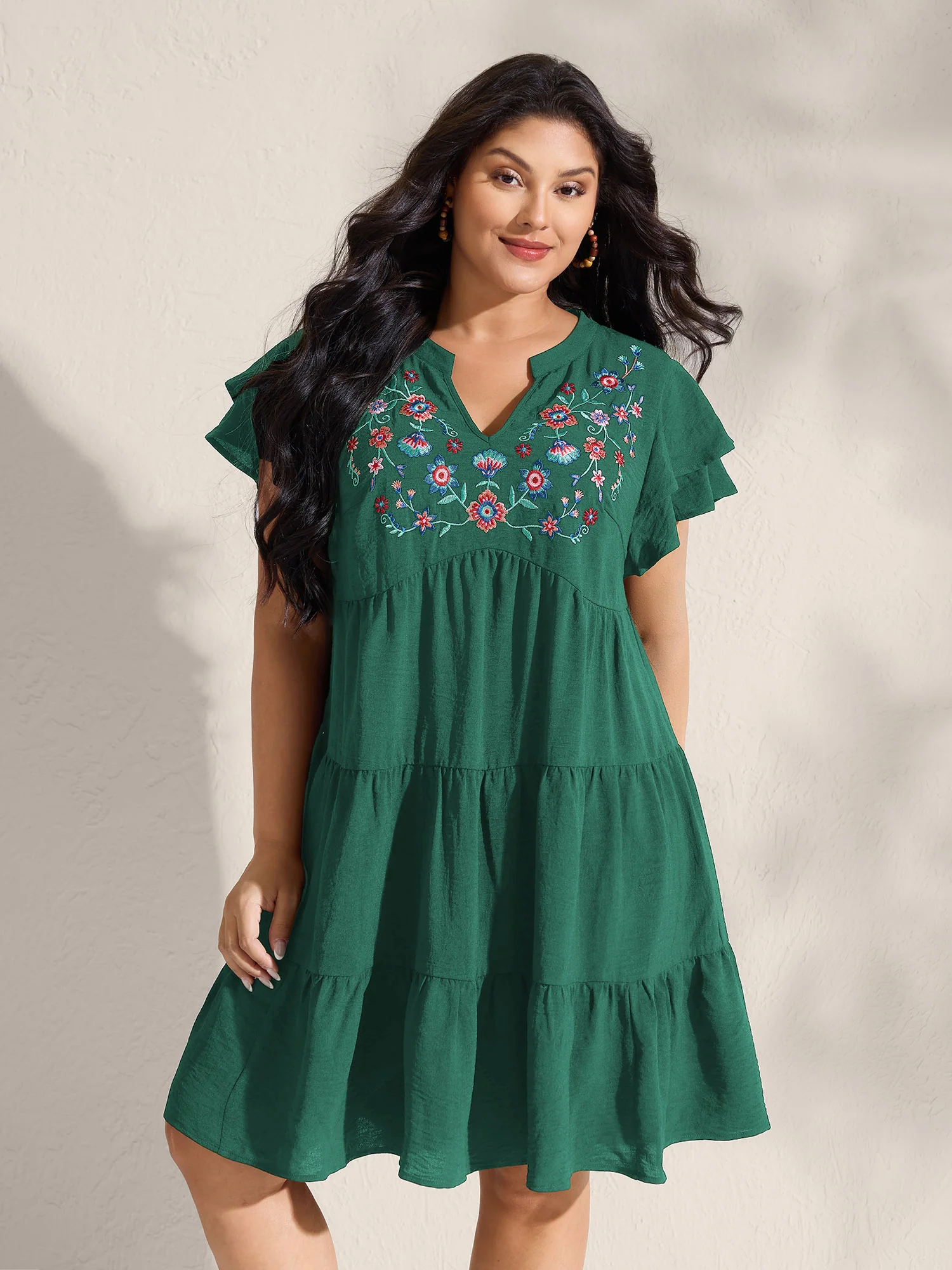 Embroidered Neckline A-Line Ruffled Knee-Length Dress - Image 12