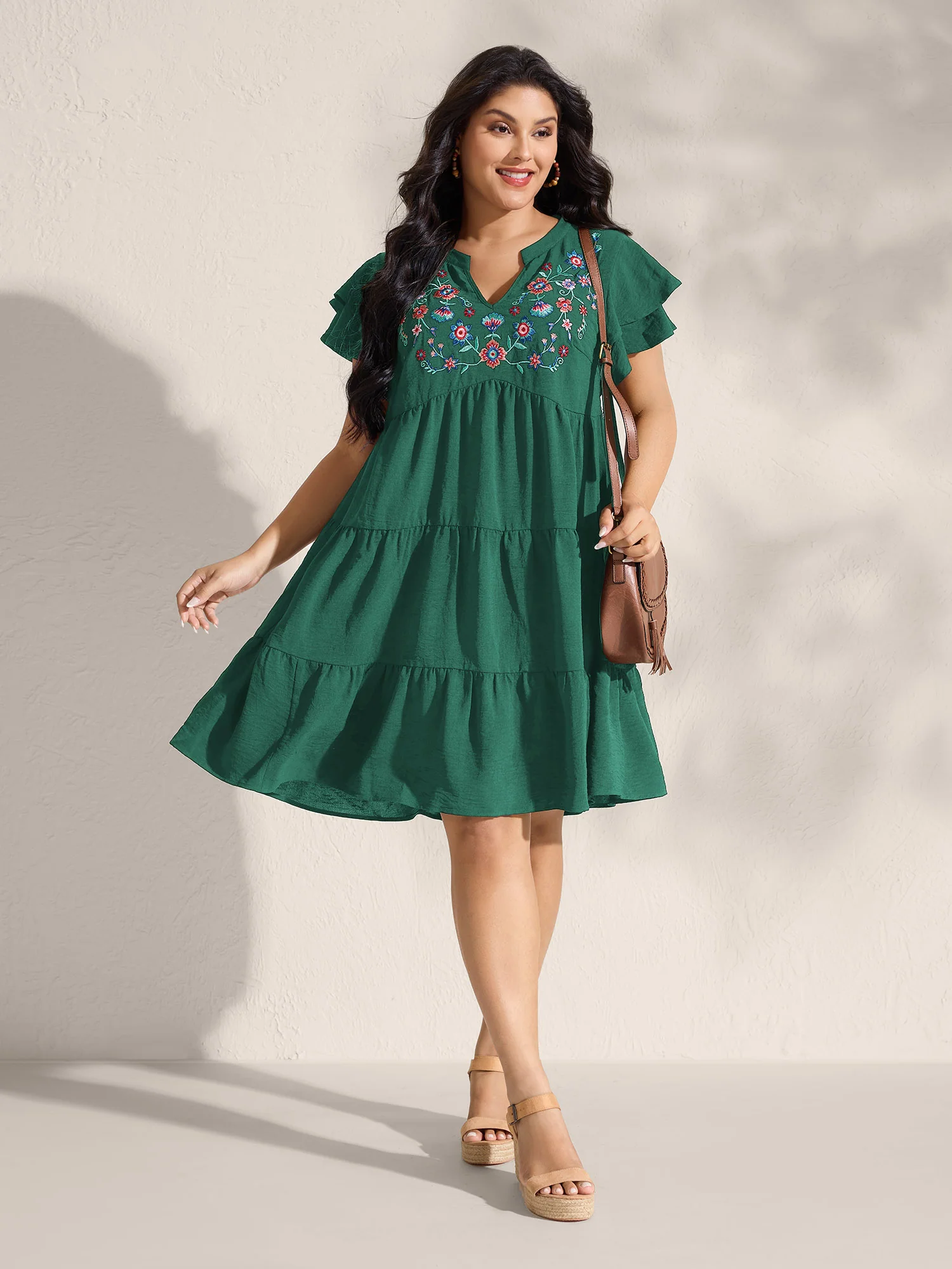 Embroidered Neckline A-Line Ruffled Knee-Length Dress - Image 14