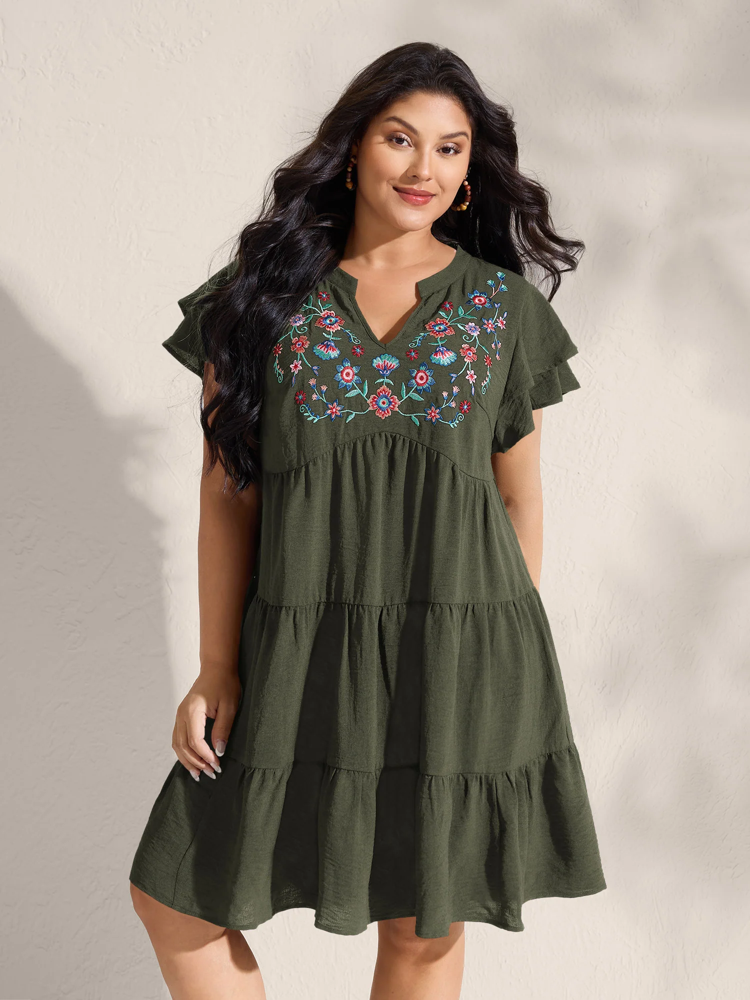 Embroidered Neckline A-Line Ruffled Knee-Length Dress - Image 16