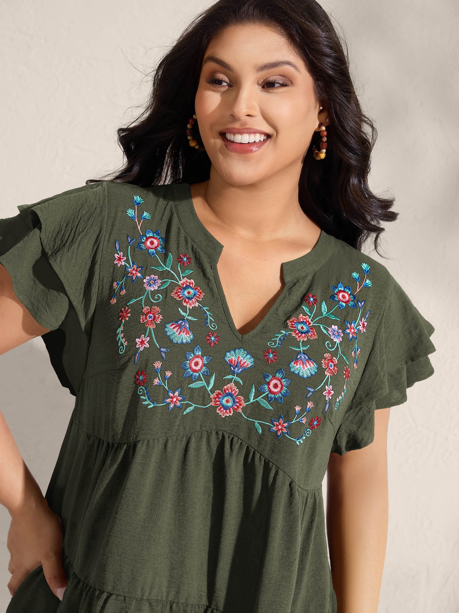Embroidered Neckline A-Line Ruffled Knee-Length Dress - Image 17