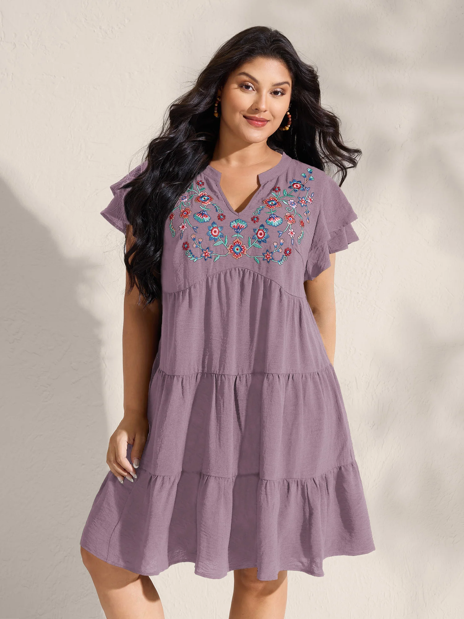 Embroidered Neckline A-Line Ruffled Knee-Length Dress - Image 20