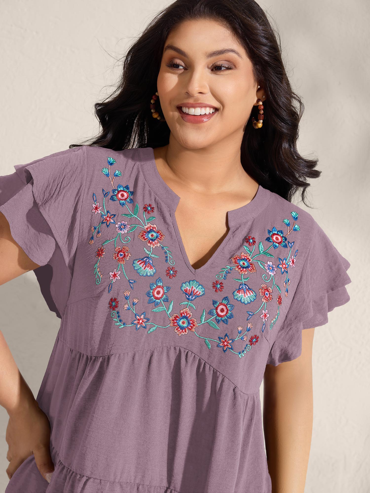 Embroidered Neckline A-Line Ruffled Knee-Length Dress - Image 21