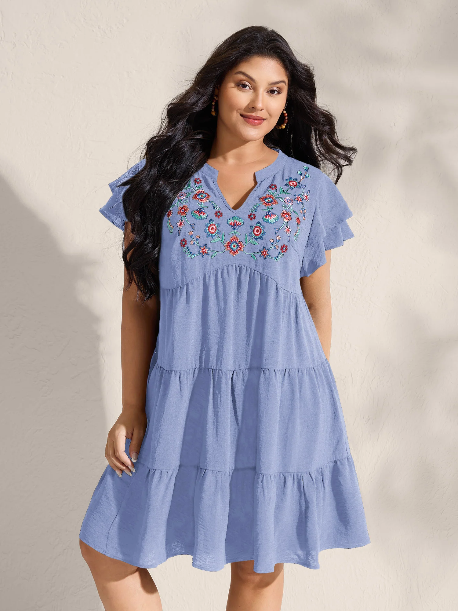 Embroidered Neckline A-Line Ruffled Knee-Length Dress - Image 24