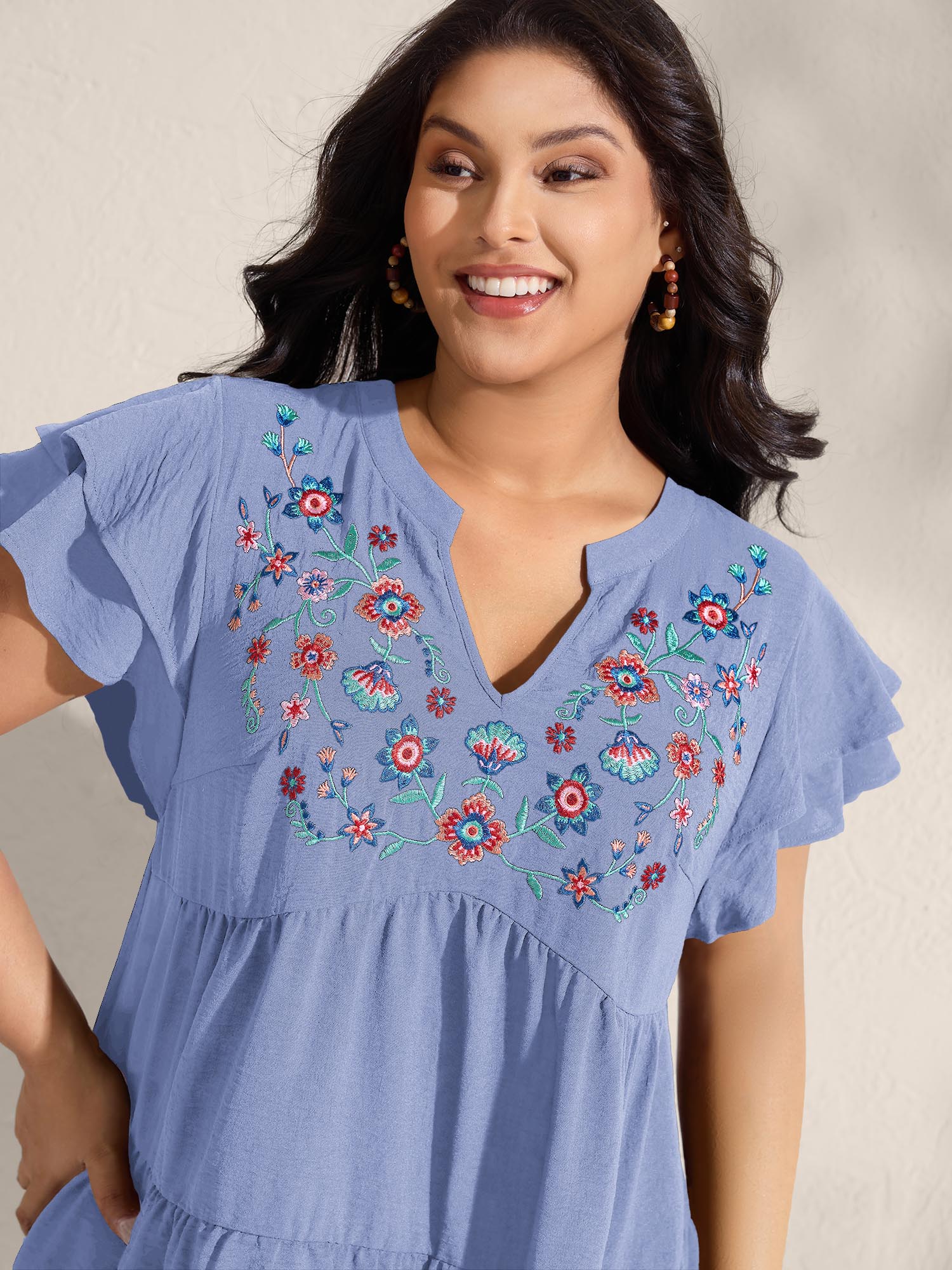 Embroidered Neckline A-Line Ruffled Knee-Length Dress - Image 25