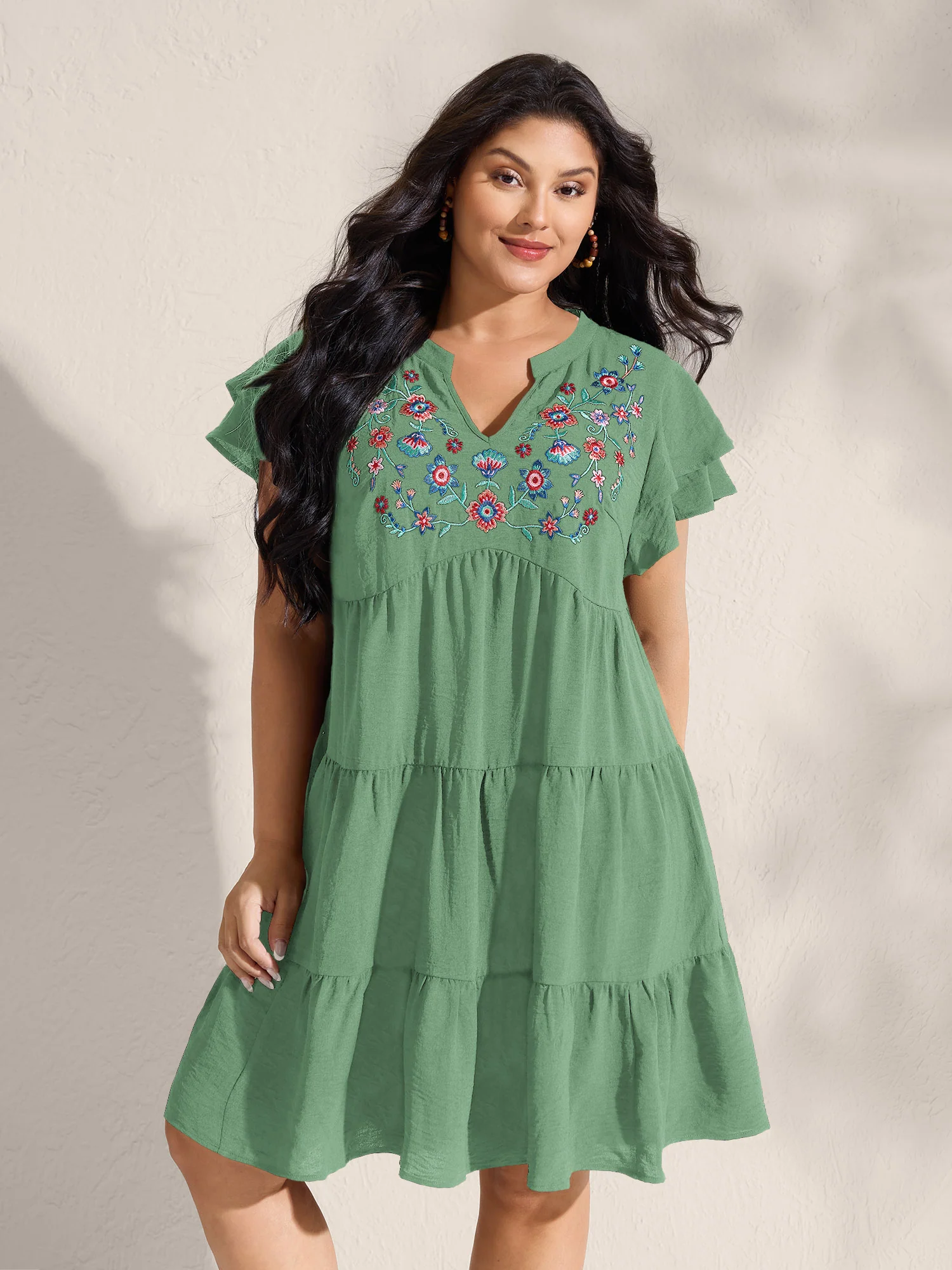Embroidered Neckline A-Line Ruffled Knee-Length Dress - Image 28