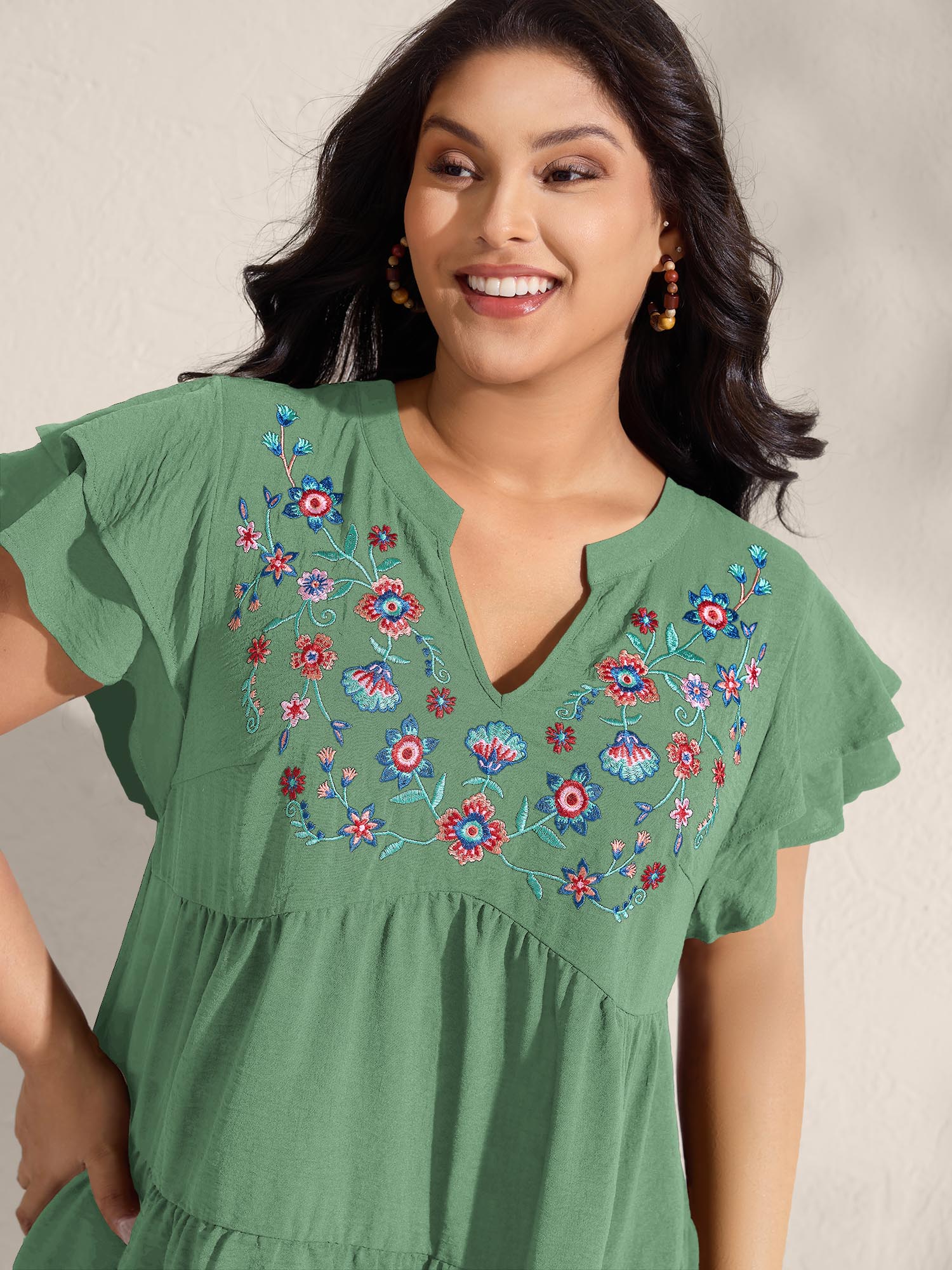 Embroidered Neckline A-Line Ruffled Knee-Length Dress - Image 29