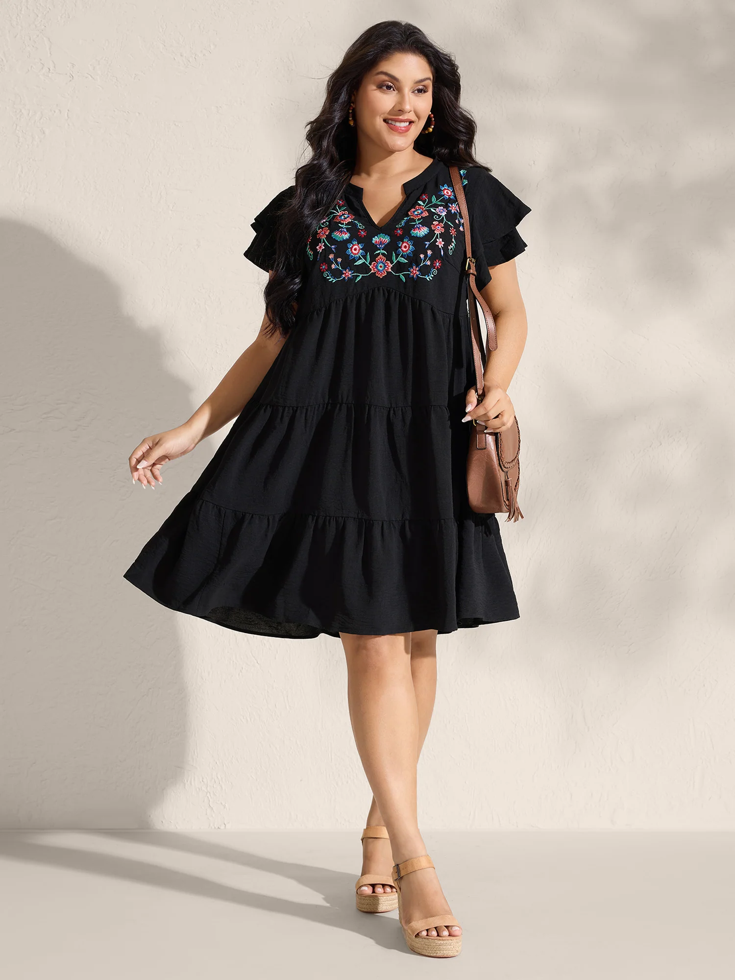 Embroidered Neckline A-Line Ruffled Knee-Length Dress - Image 3