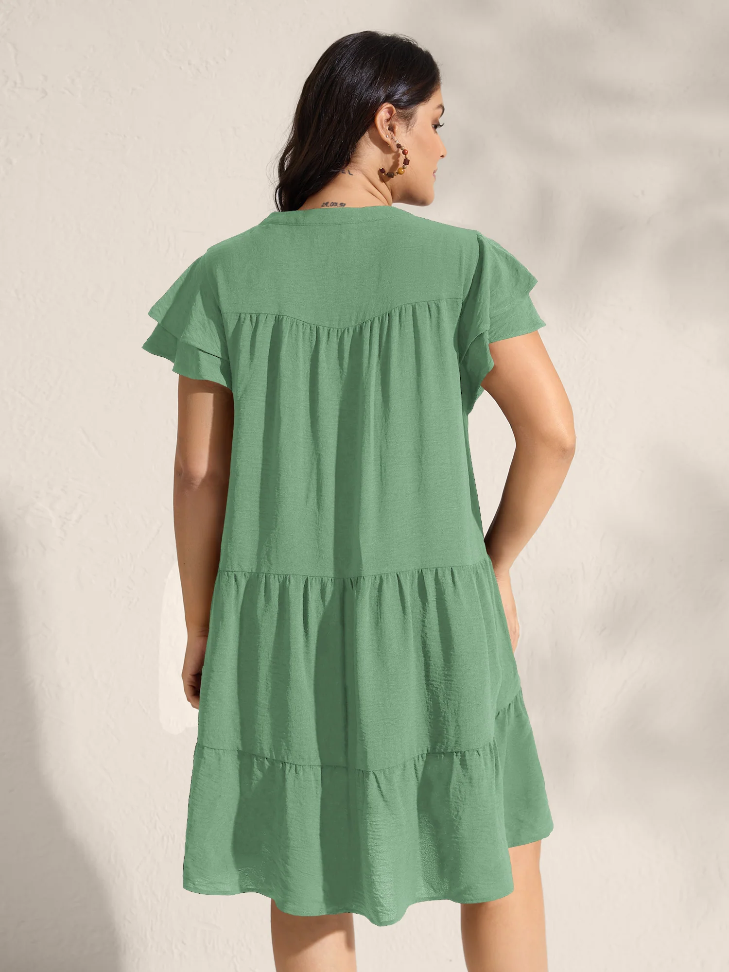 Embroidered Neckline A-Line Ruffled Knee-Length Dress - Image 31