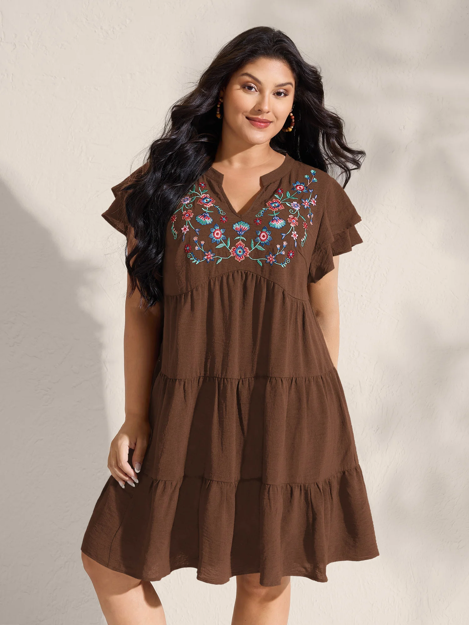 Embroidered Neckline A-Line Ruffled Knee-Length Dress - Image 32