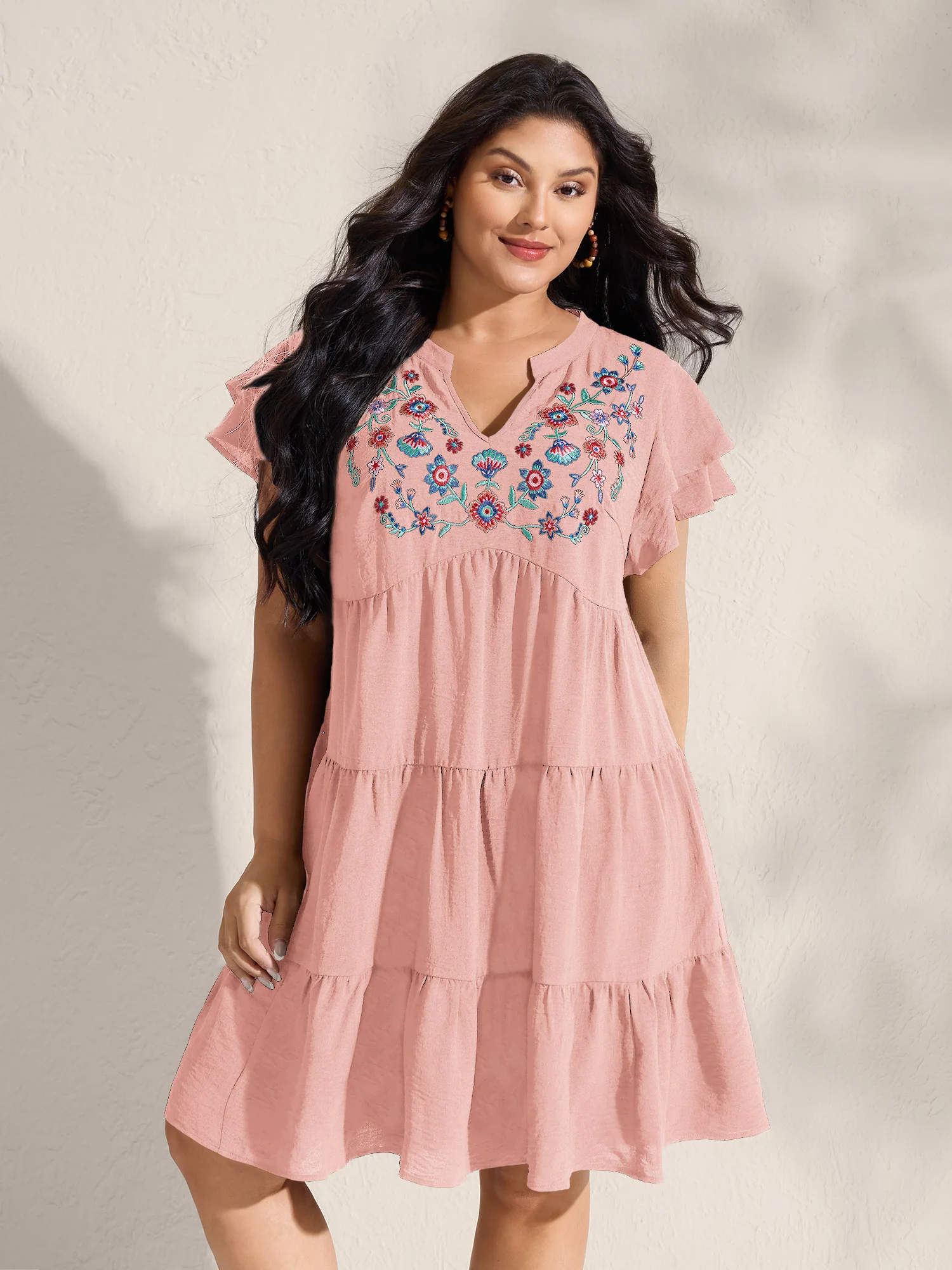 Embroidered Neckline A-Line Ruffled Knee-Length Dress - Image 36