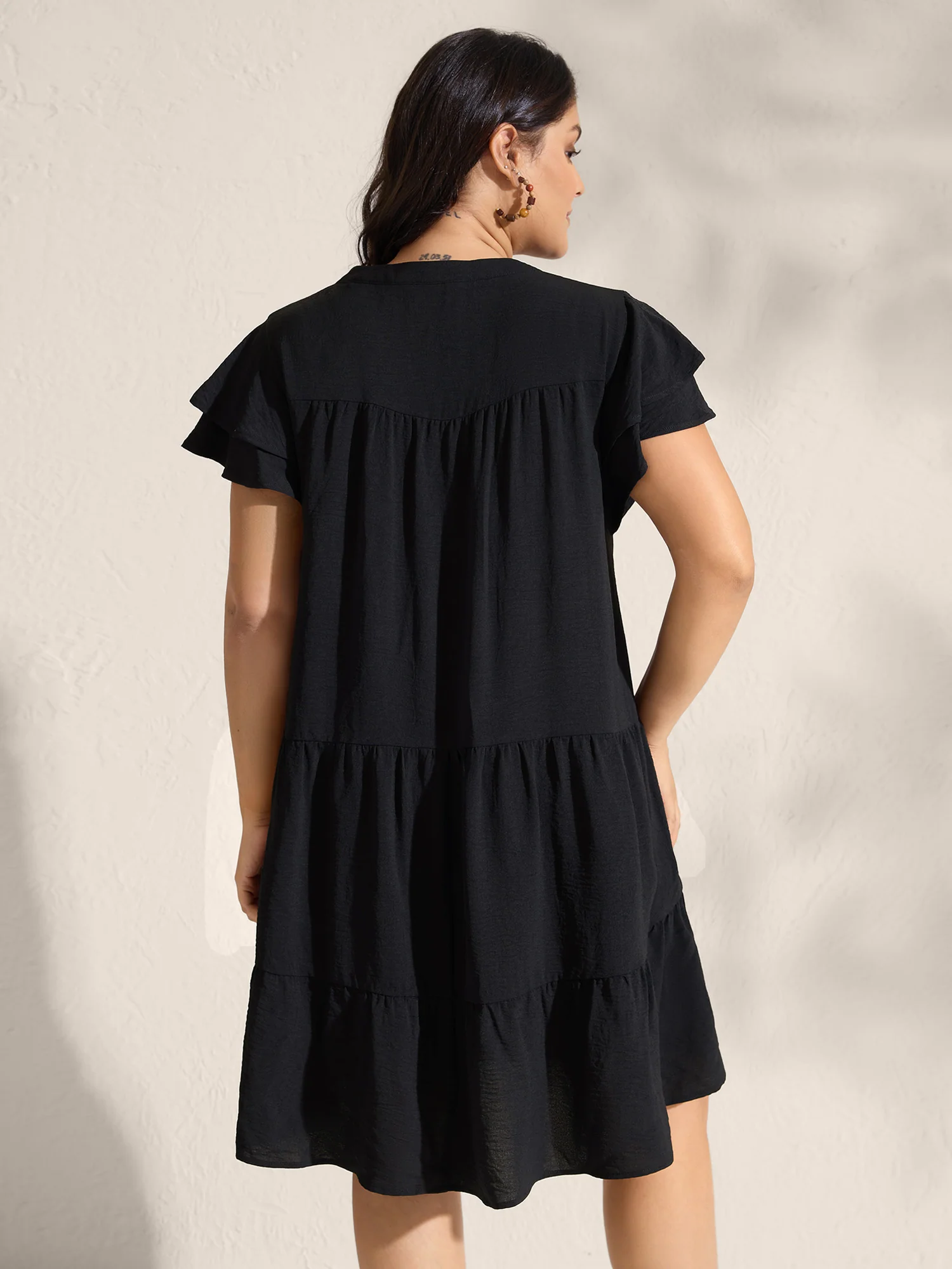 Embroidered Neckline A-Line Ruffled Knee-Length Dress - Image 4