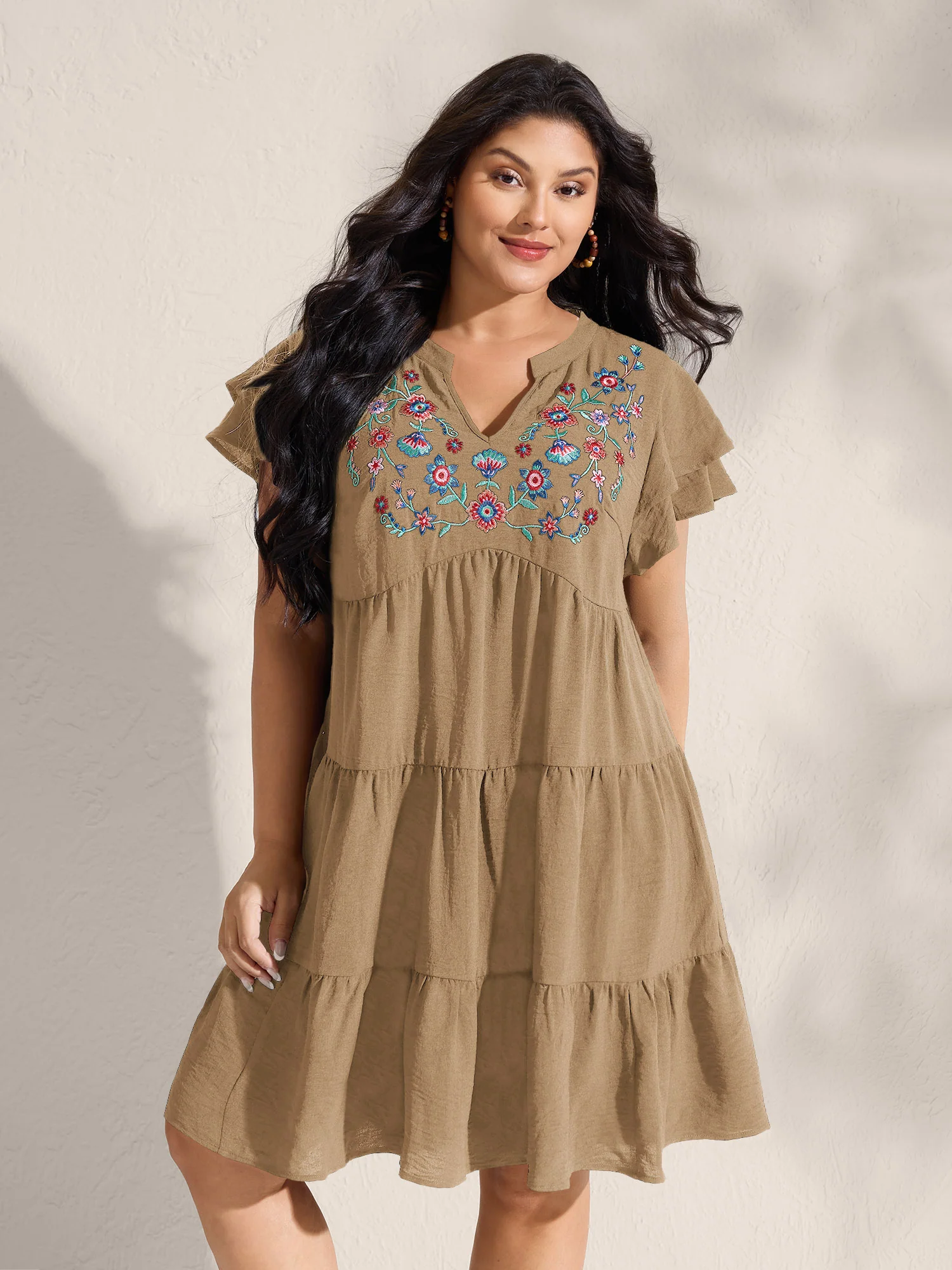 Embroidered Neckline A-Line Ruffled Knee-Length Dress - Image 40