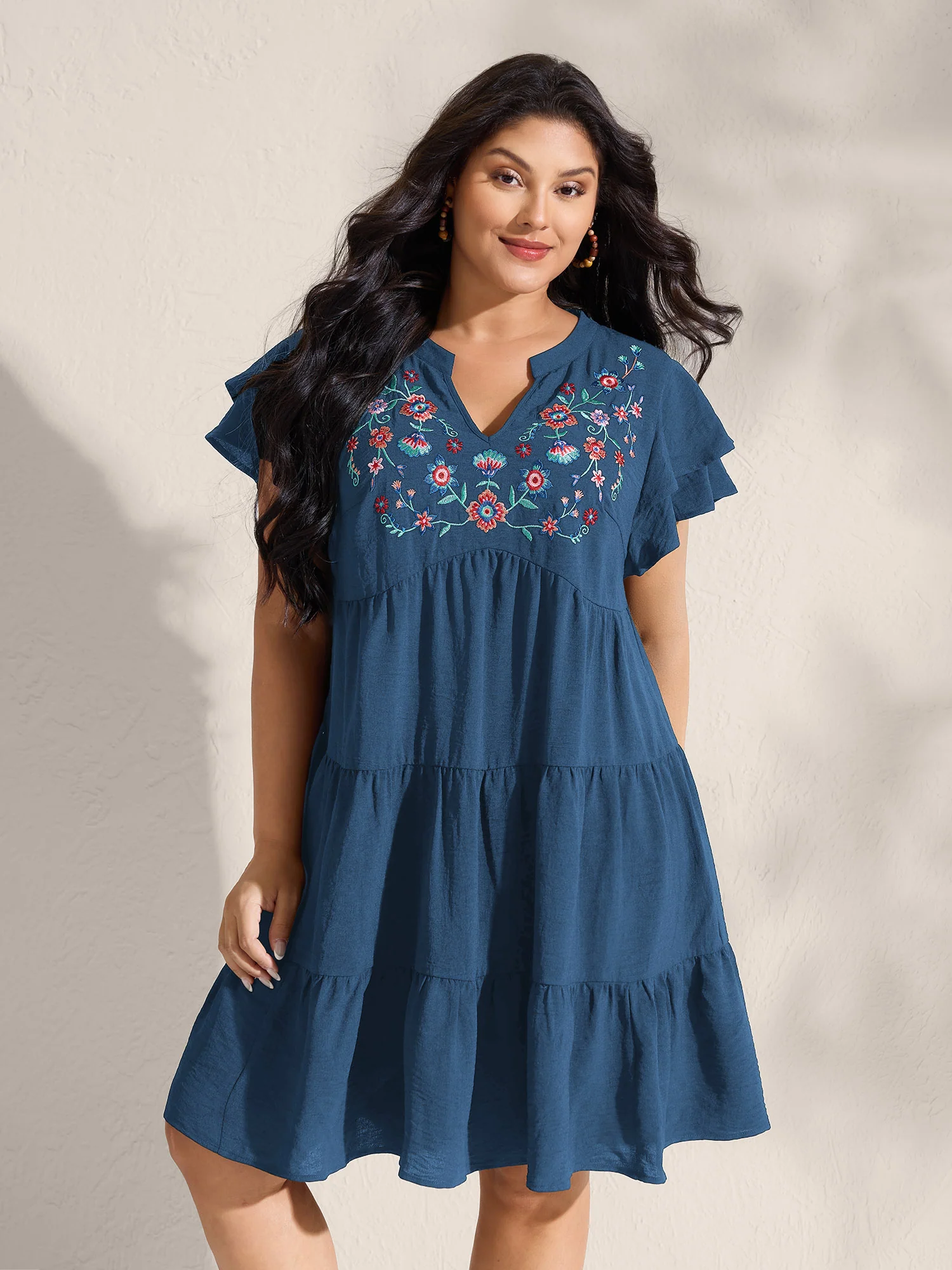 Embroidered Neckline A-Line Ruffled Knee-Length Dress - Image 8