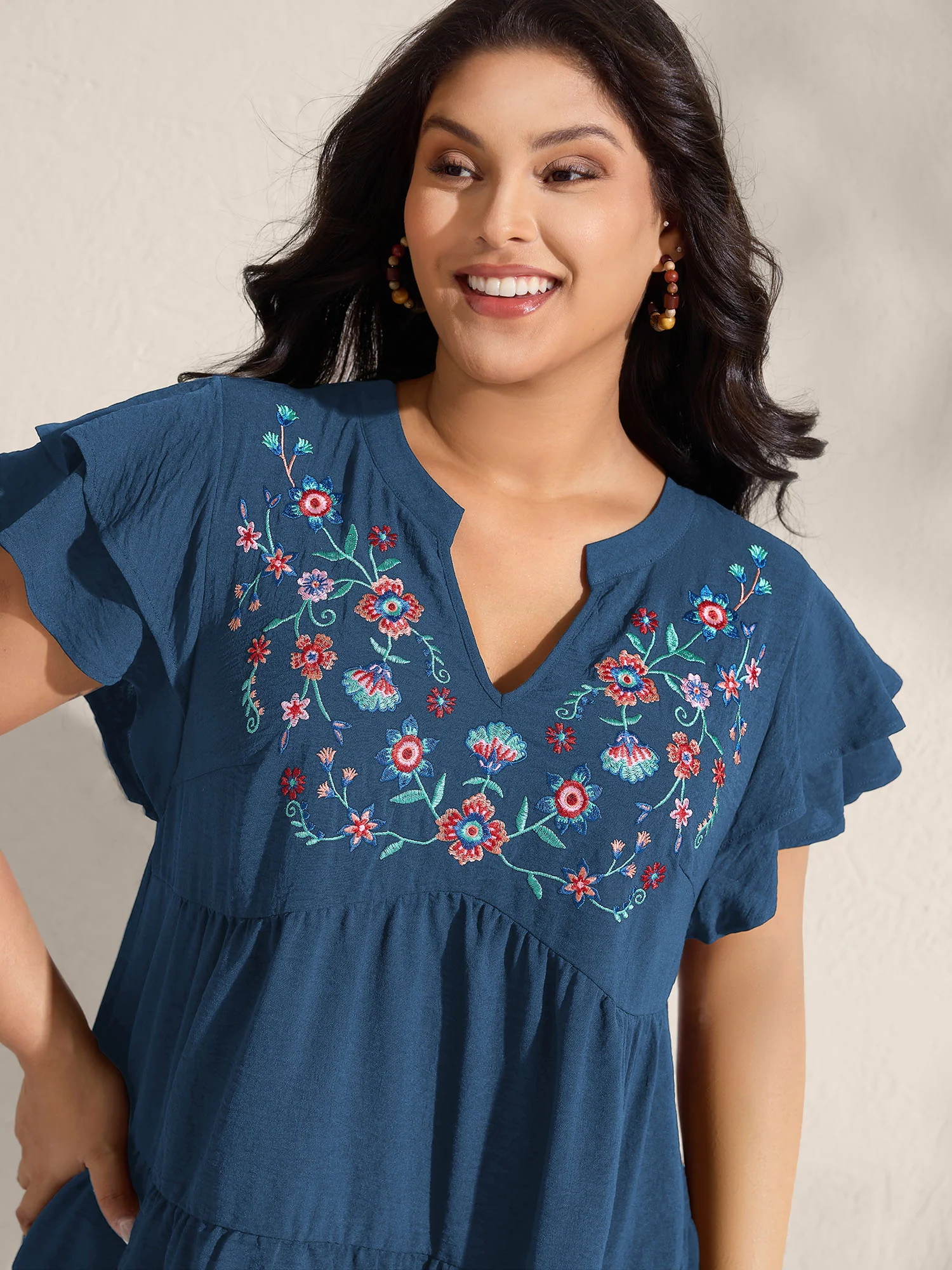 Embroidered Neckline A-Line Ruffled Knee-Length Dress - Image 9