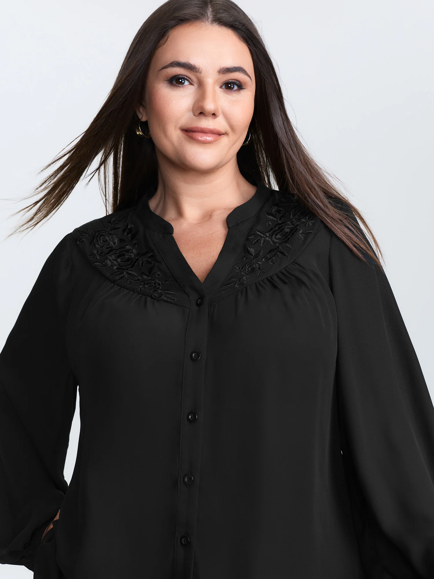 Embroidered Neckline Button-Down Blouse - Image 2