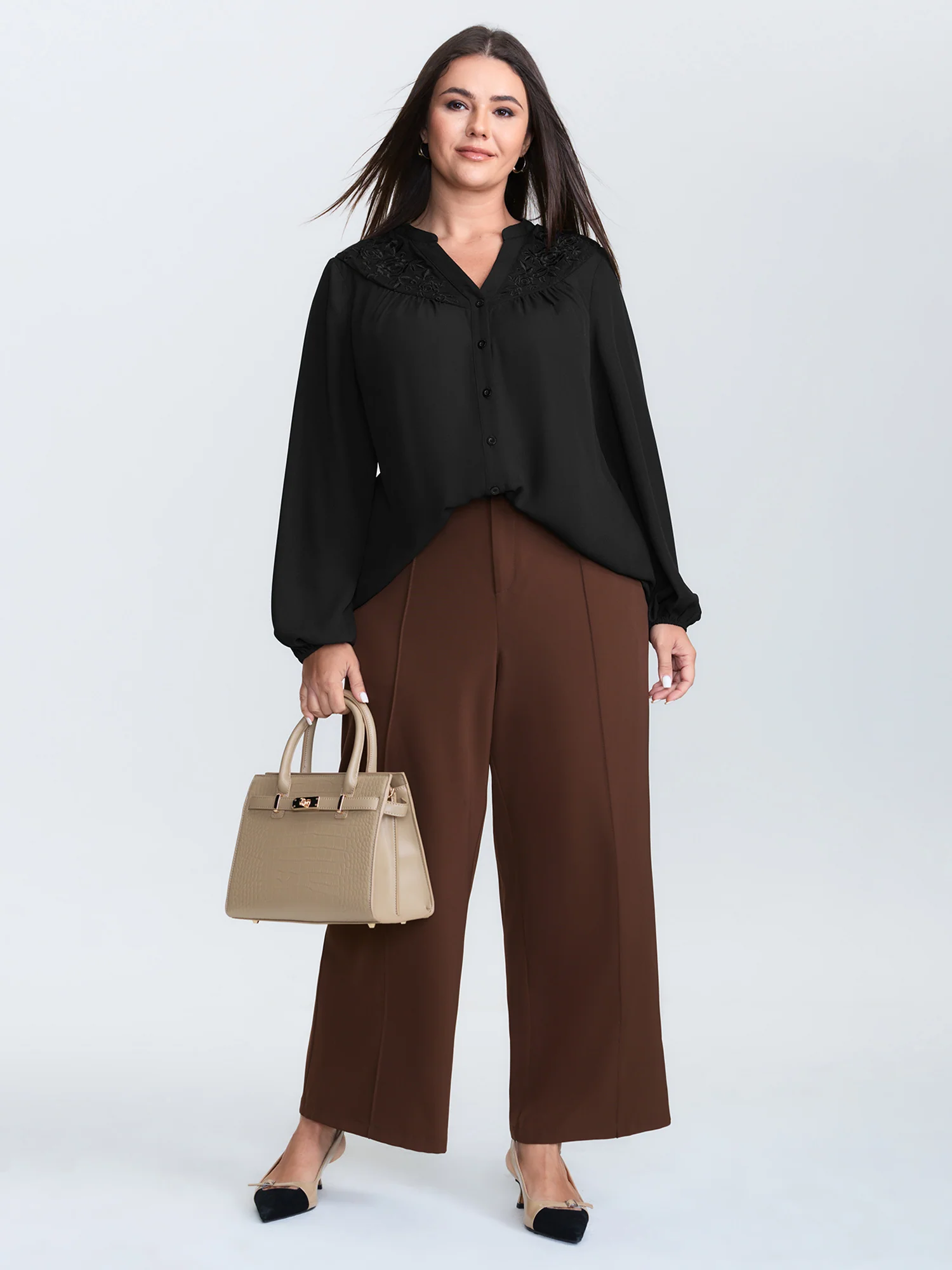 Embroidered Neckline Button-Down Blouse - Image 3