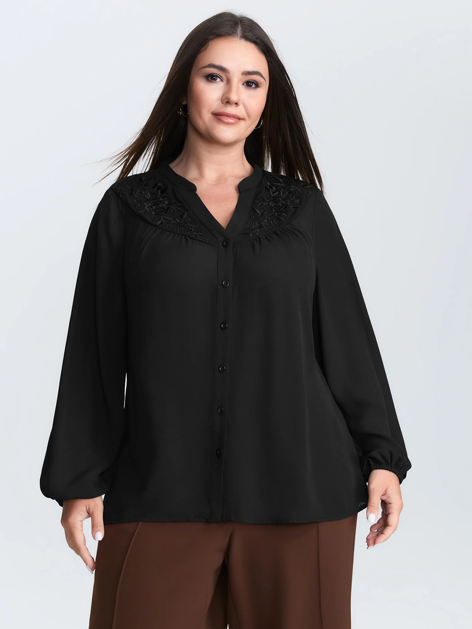 Embroidered Neckline Button-Down Blouse - Image 4
