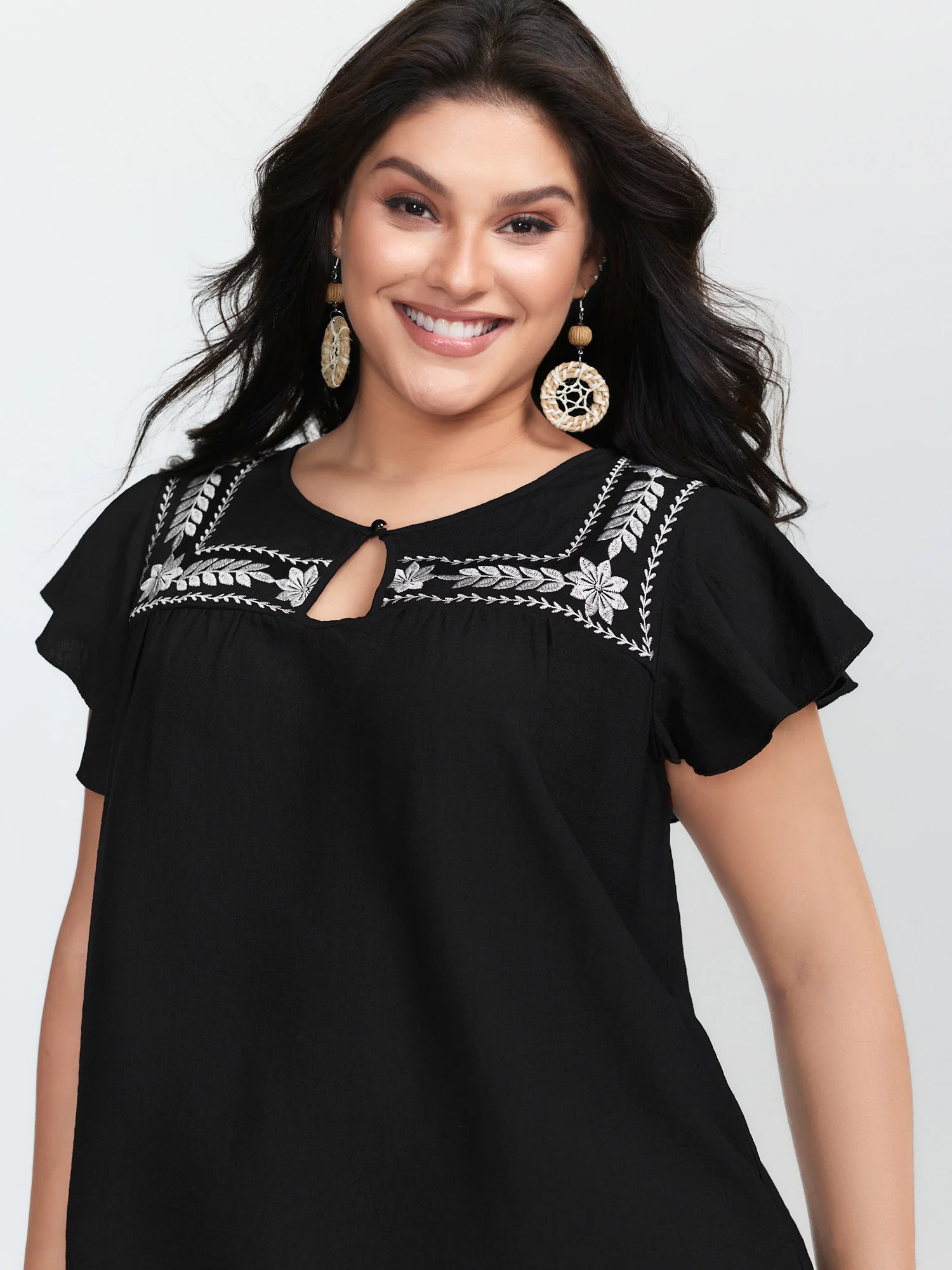 Embroidered Neckline Flutter Sleeve Blouse - Image 2