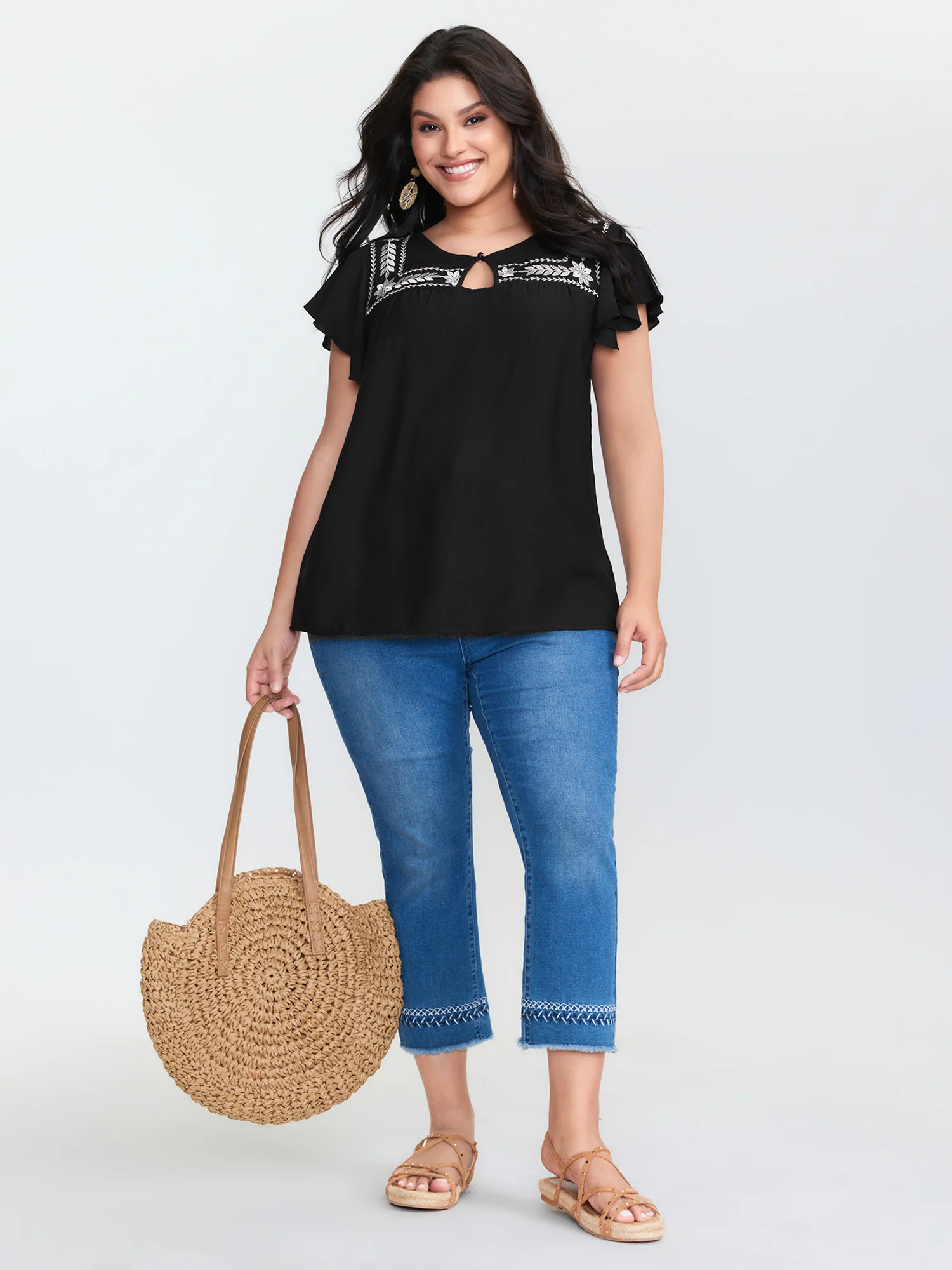 Embroidered Neckline Flutter Sleeve Blouse - Image 3