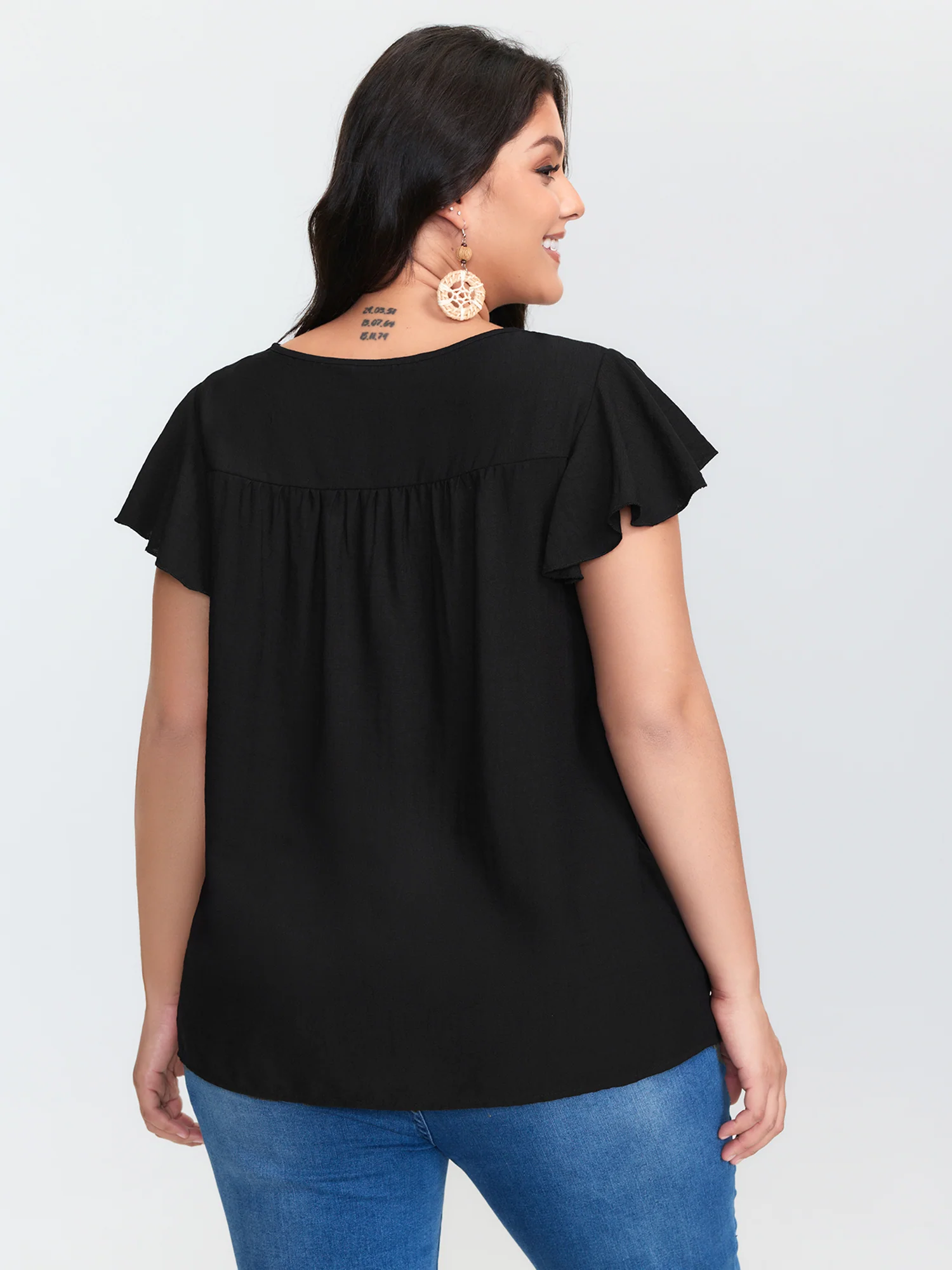 Embroidered Neckline Flutter Sleeve Blouse - Image 4