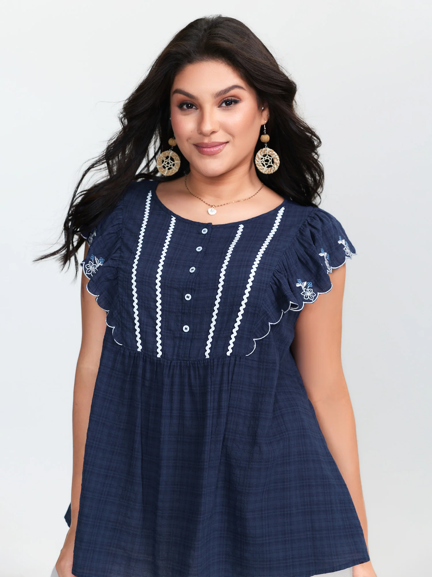 Embroidered Neckline Ruffled Sleeve Blouse - Image 3
